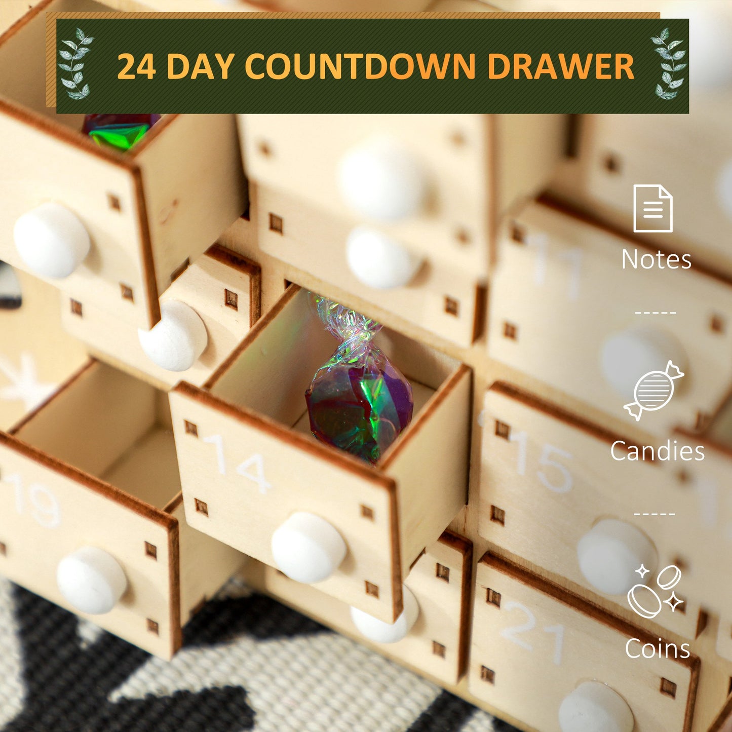 Wooden Christmas Advent Calendar with 24 Drawers - Natural
