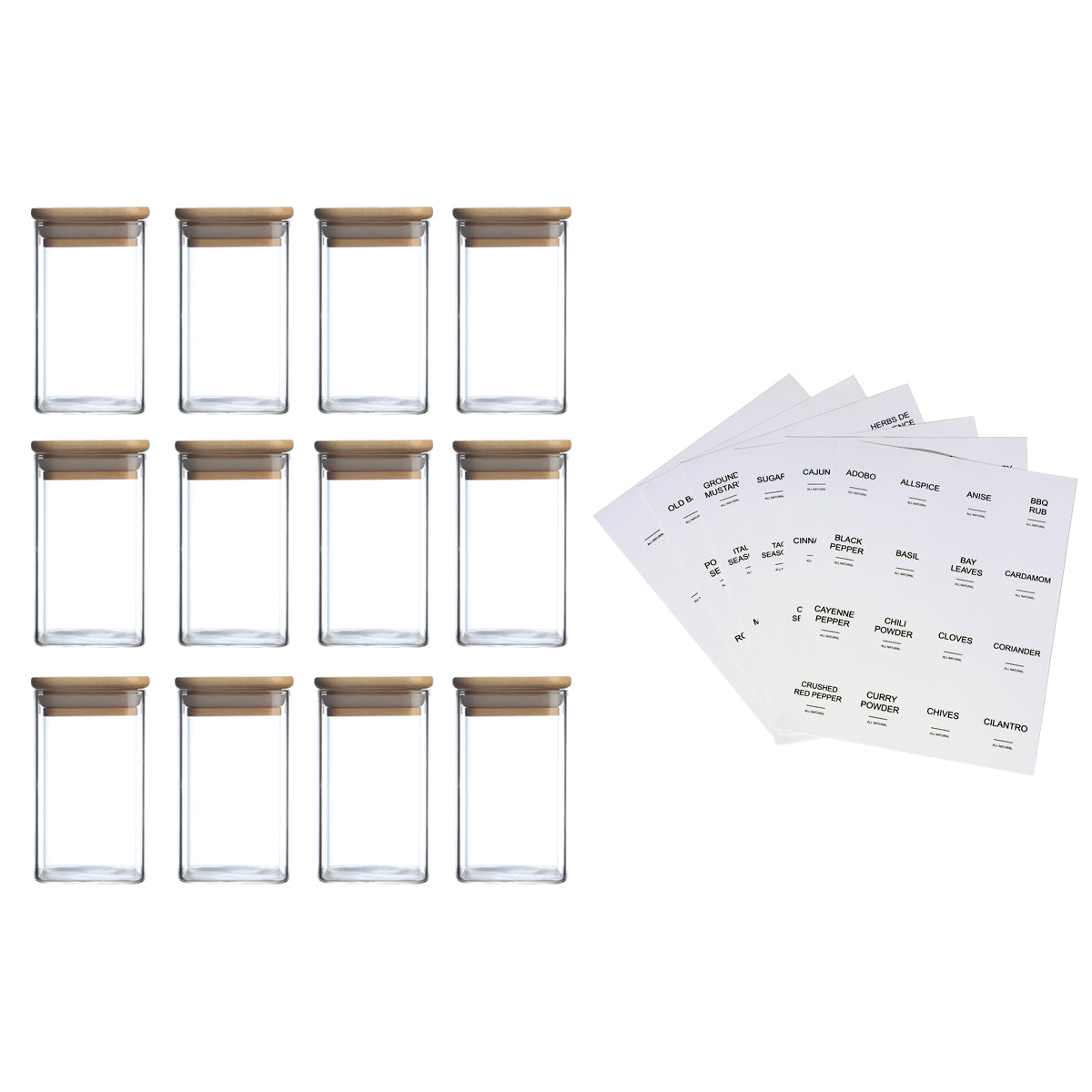12 Pcs Square Spice Jars with 72 Stickers - Kitchen Storage