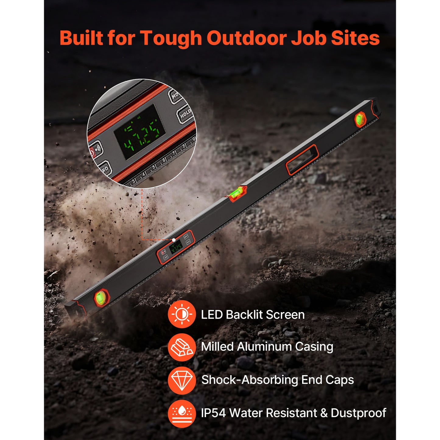 48-Inch Magnetic Digital Level with LED Backlight for Construction & Carpentry