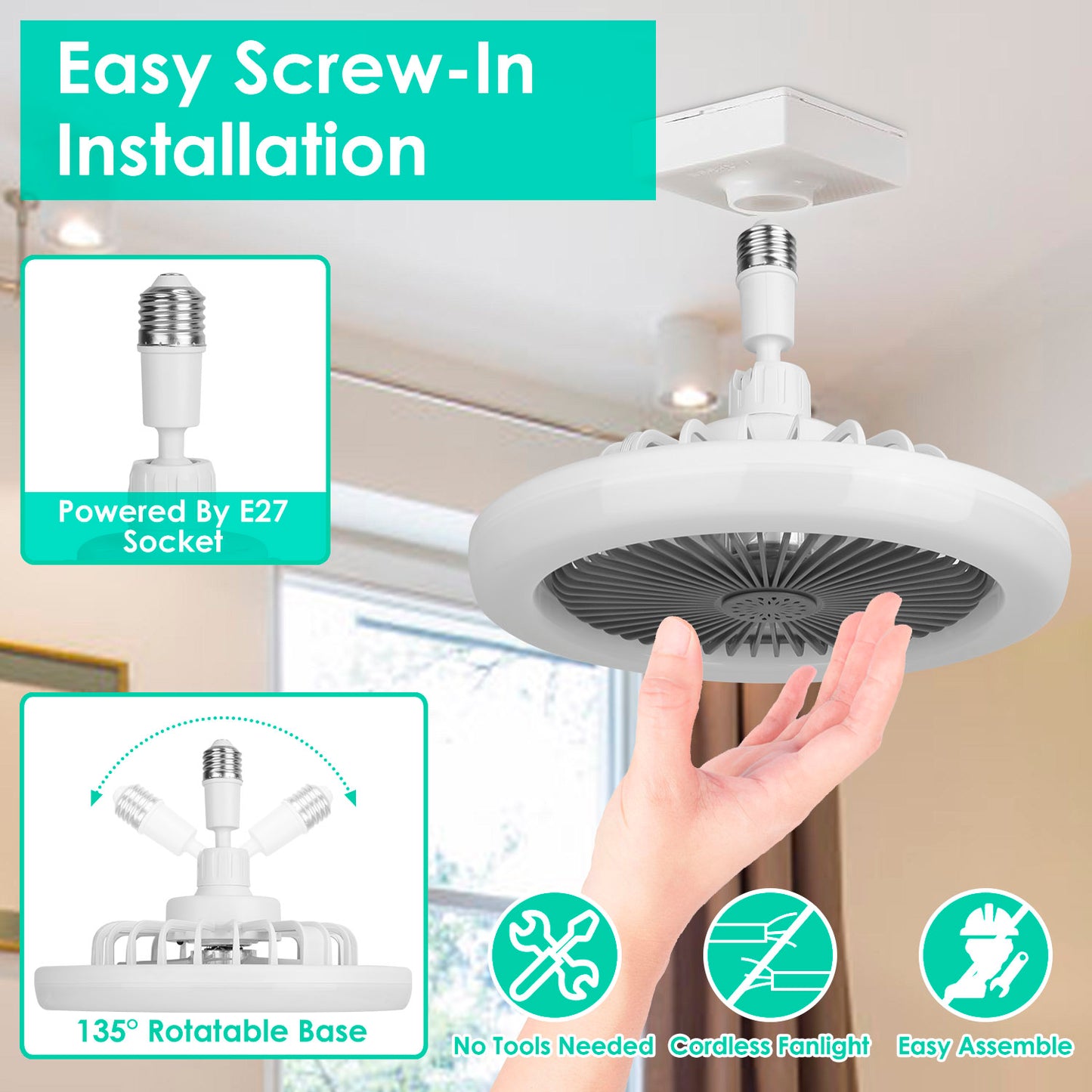 LED Ceiling Fan with Dimmable Lights Remote Control 9.44in E27 Socket