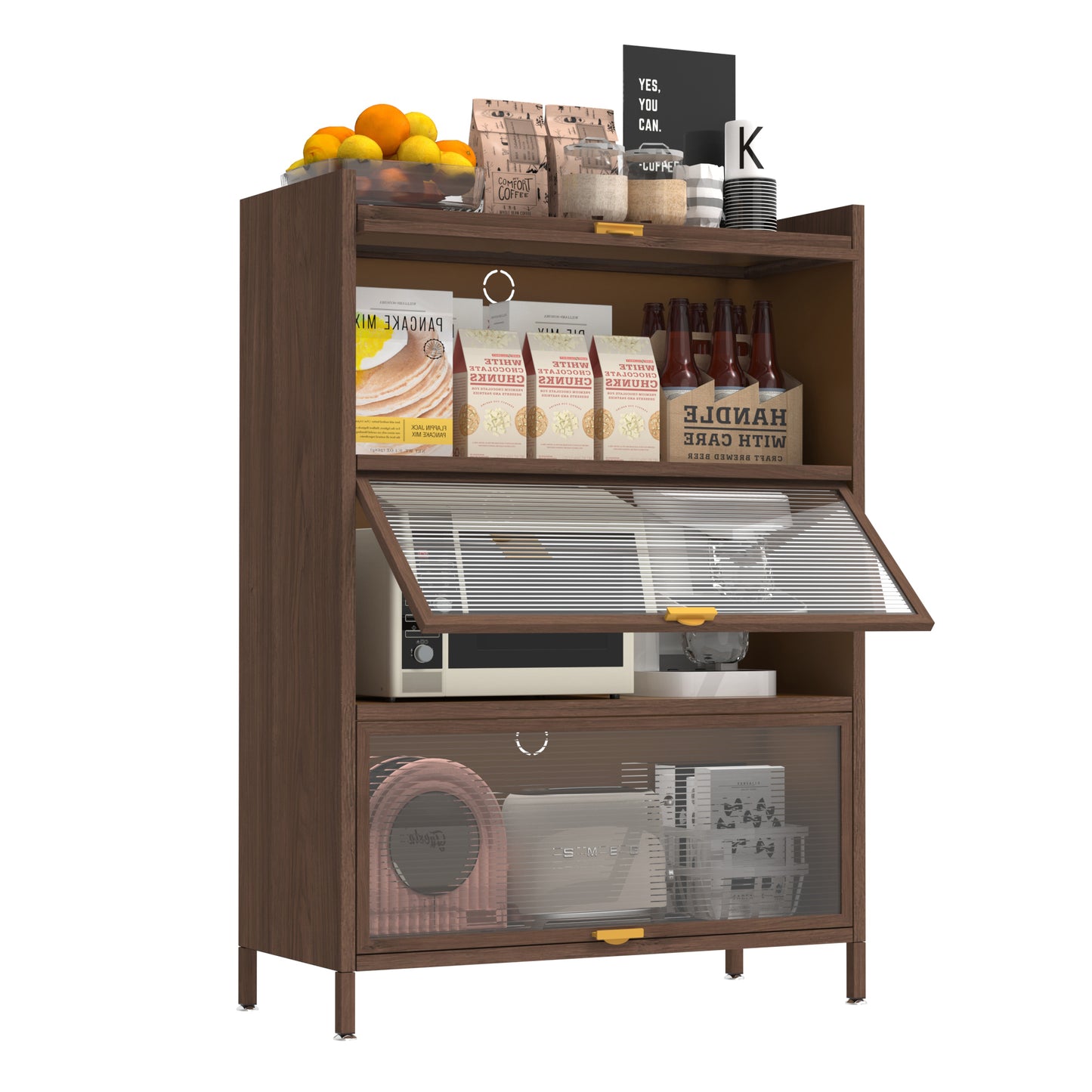 44'' Tall Metal Cabinet with 3 Flip Doors - Walnut Storage