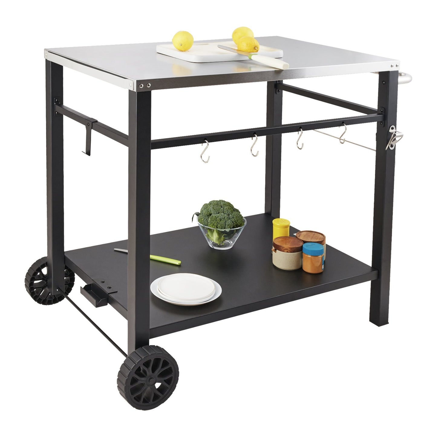 Portable BBQ Dining Cart with Double Shelf - Stainless Steel