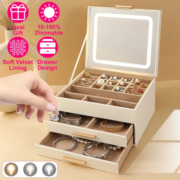Jewelry Box With LED Mirror 3-Layer Organizer 2 Drawers PU Holder 3