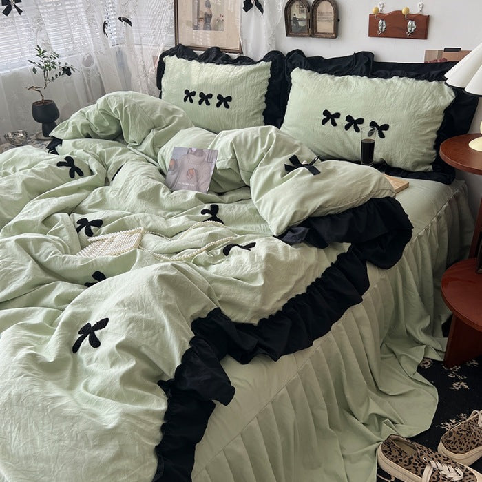 Cream Ins Girl Bow Lace Cotton Bedding Set - Multiple Sizes & Patterns