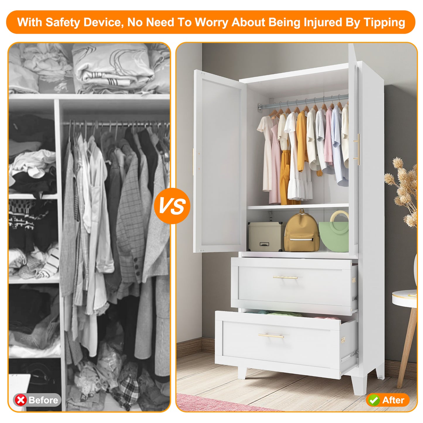 71-Inch Tall Metal Wardrobe Cabinet with 2 Drawers & Hanging Rod - White