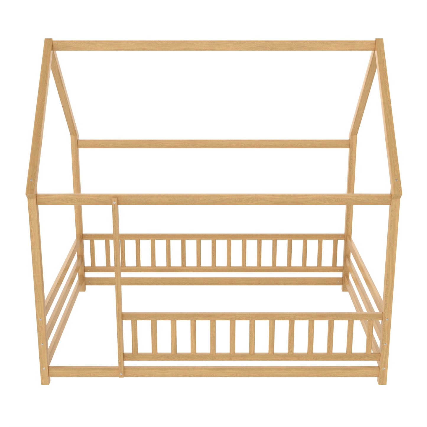 Full Size Wooden Bed with House Roof Frame & Guardrails - Natural