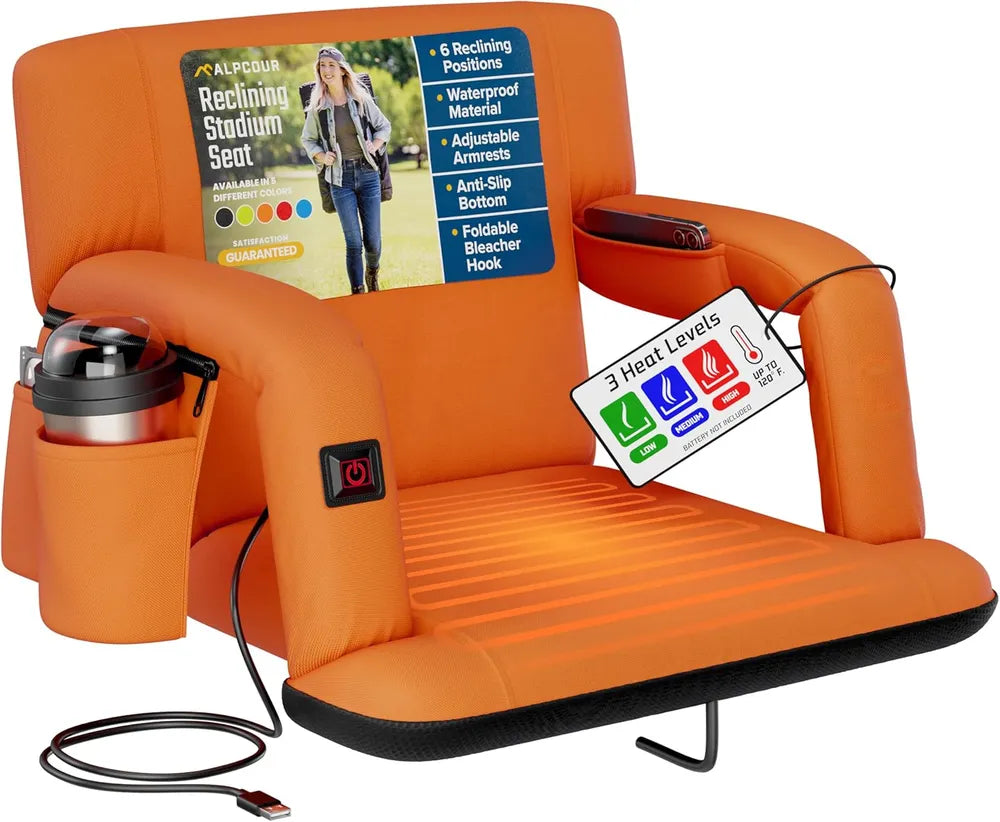 Heated Reclining Stadium Seat with Back Support - Orange