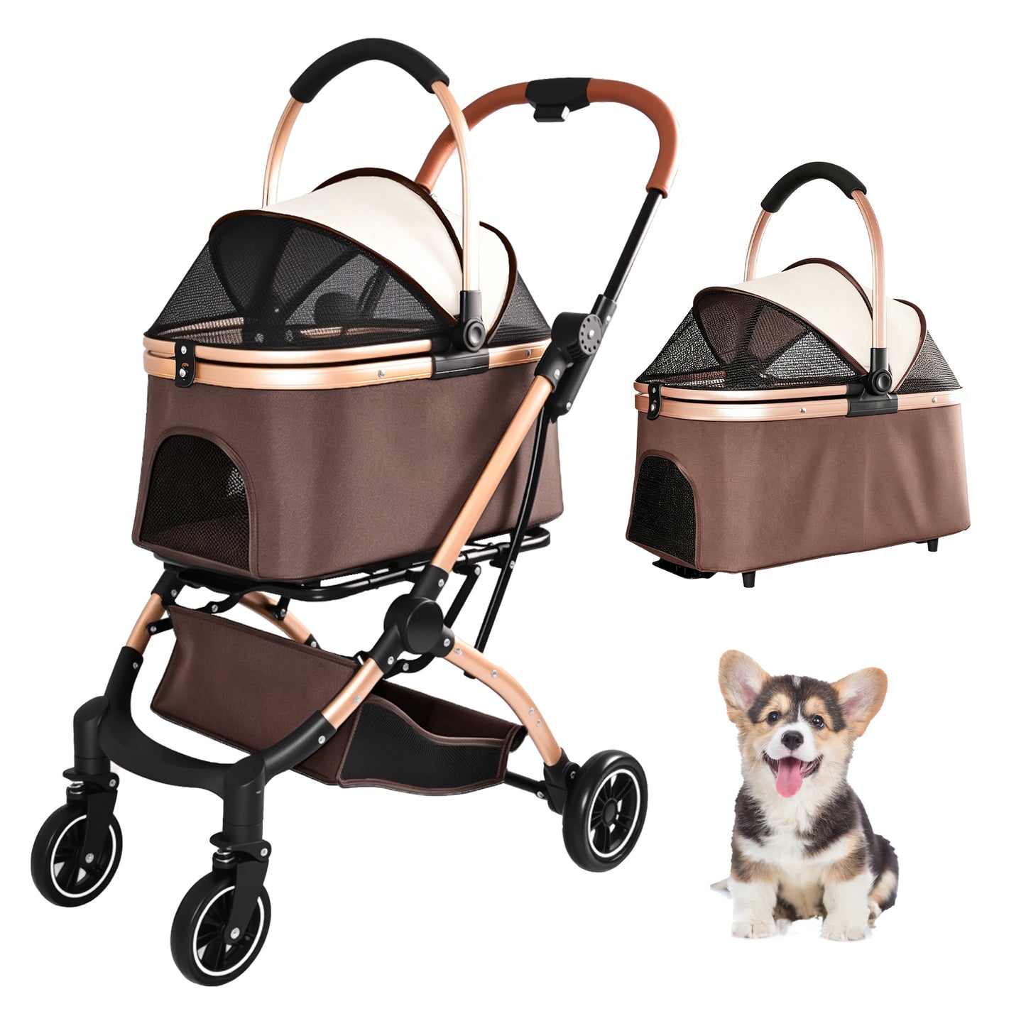 Pet Stroller for Dogs Cats 2-in-1 Foldable Sun Canopy Travel Carrier Khaki