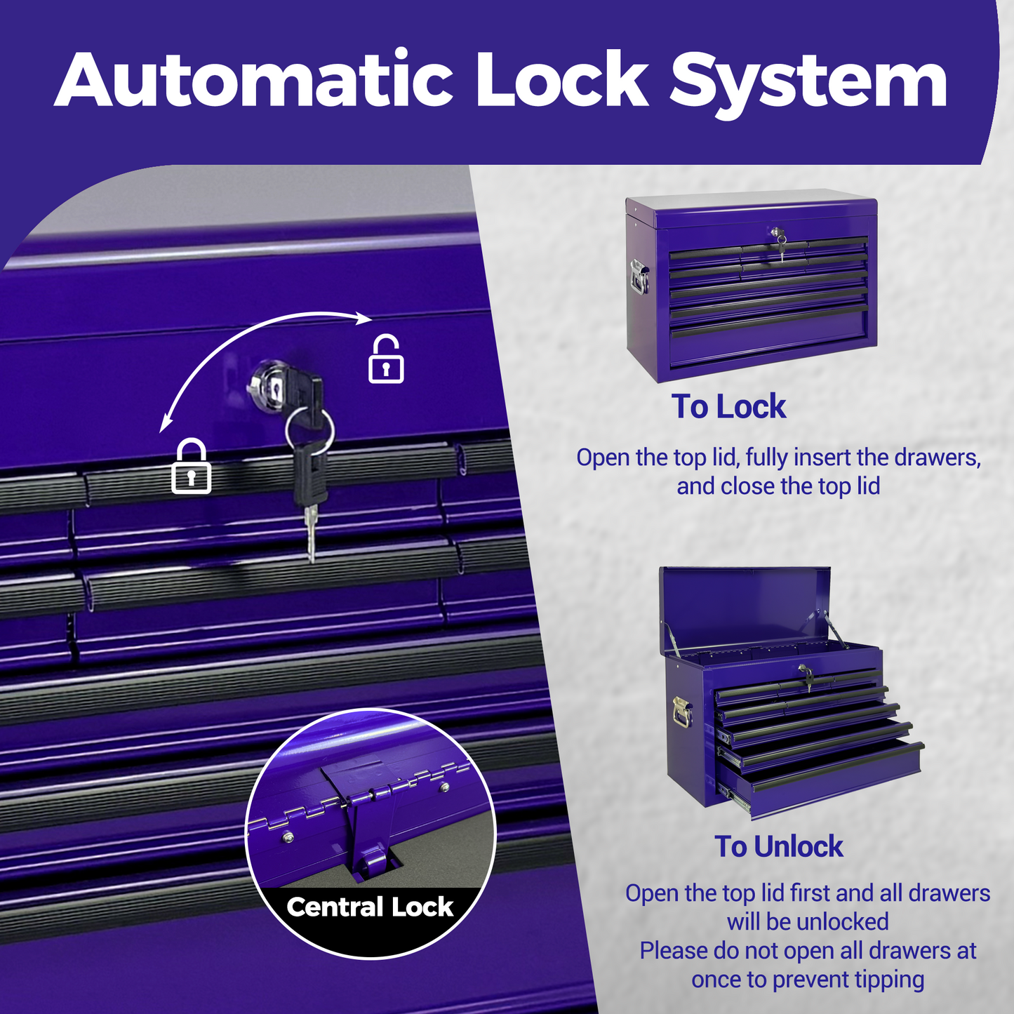 Purple Heavy Duty Metal Tool Box 24-Inch with 9 Drawers & Locking System