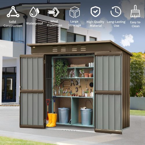 6x4 FT Metal Outdoor Storage Shed Waterproof Garden Tool & Bike Storage with Lockable Double Doors - Brown