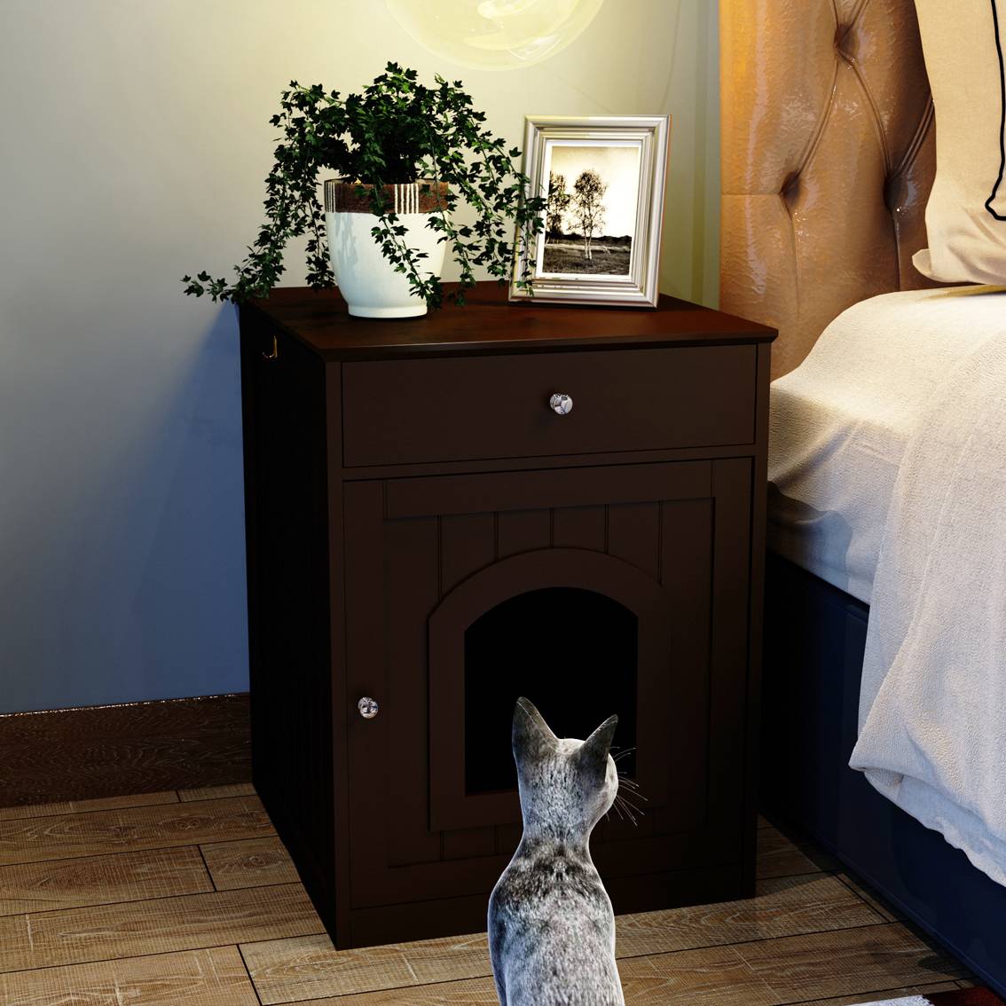 Wooden Cat House with Drawer Side Table Indoor Pet Enclosure