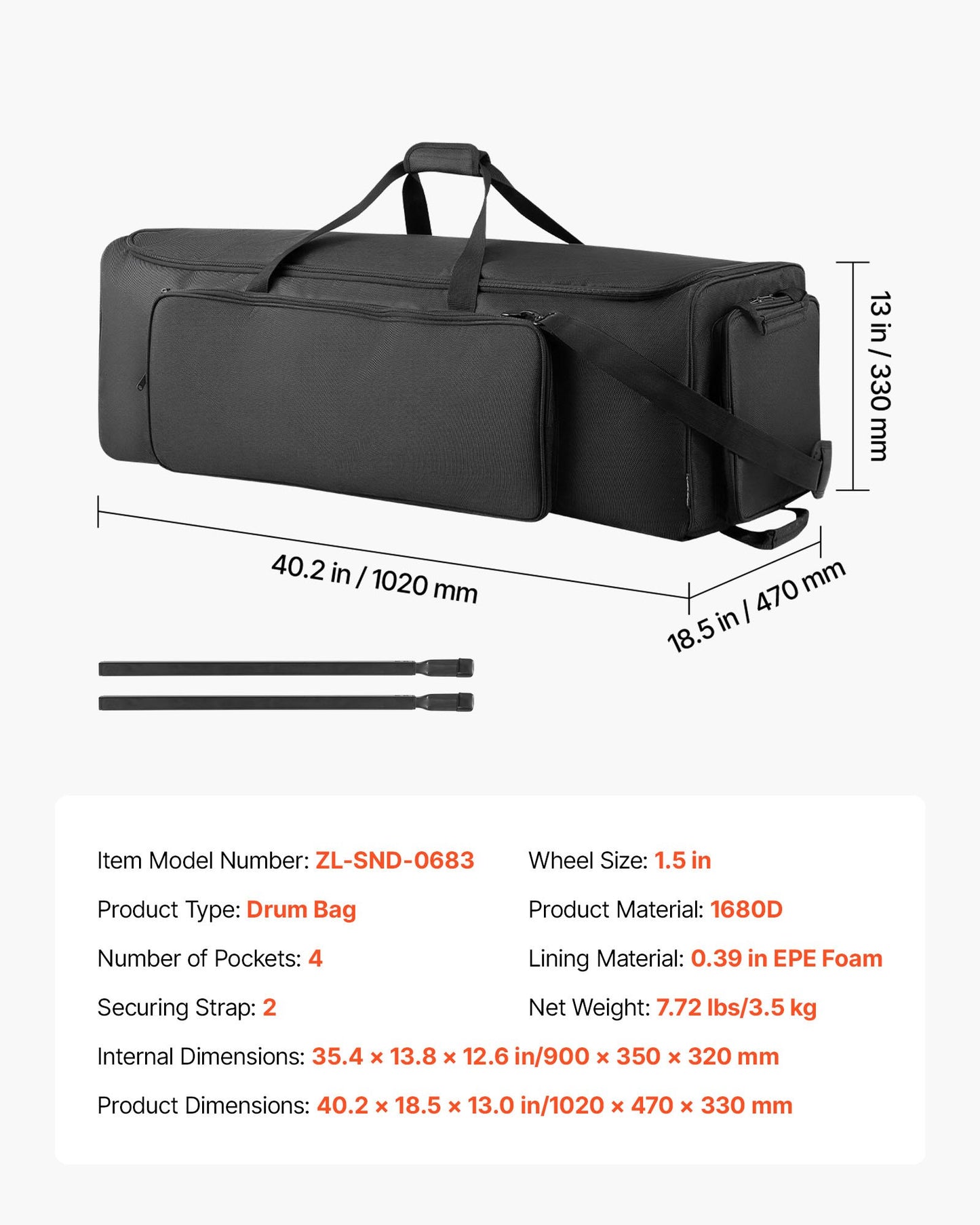 Wheeled Drum Hardware Bag 1680D Carrying Case for Drum Stands & Accessories