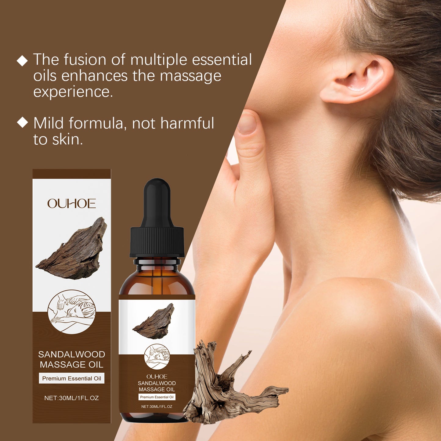 Sandalwood Massage Essential Oil - Moisturizing Body Oil Blend, 30ml
