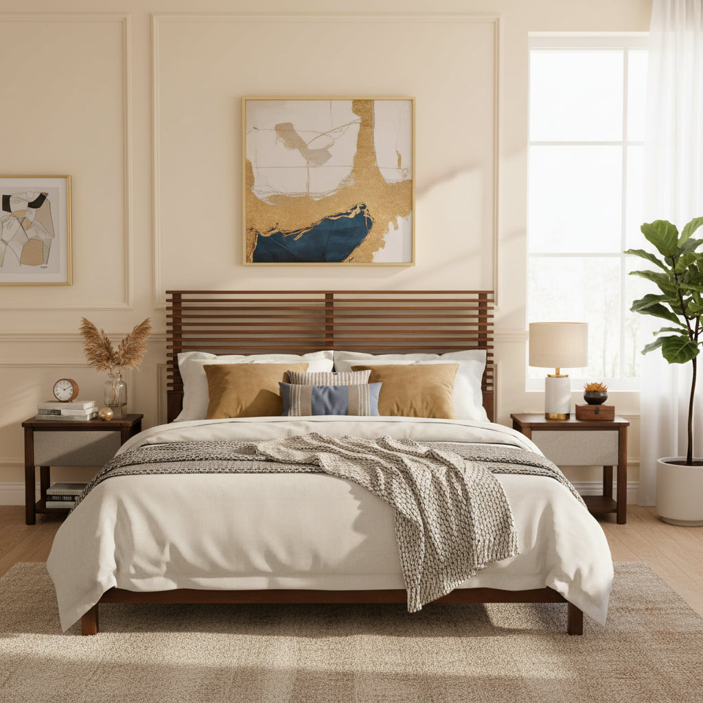 Premium Solid Wood King Size Bed Frame With Headboard, -Walnut Color,