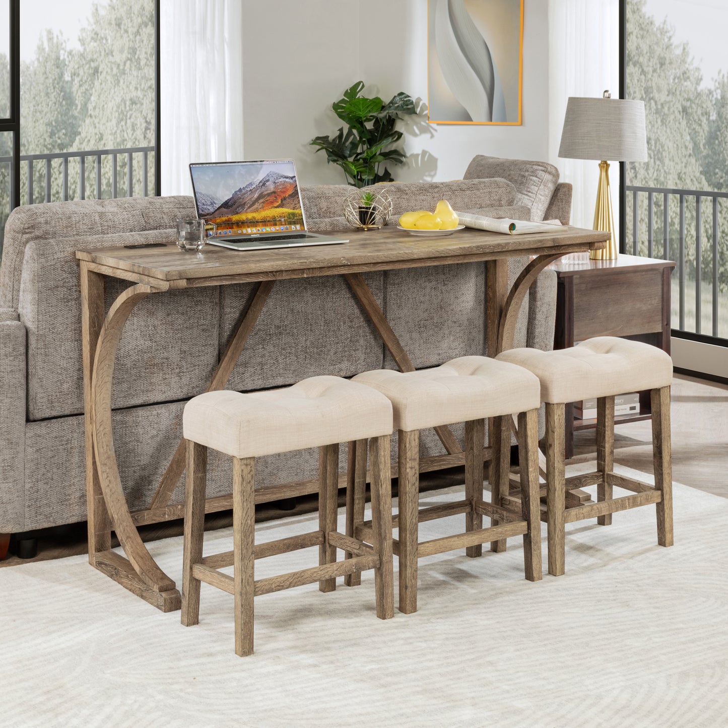 Bar Table Set with Power Outlet - 4-Piece Dining Set with 3 Stools, Brown