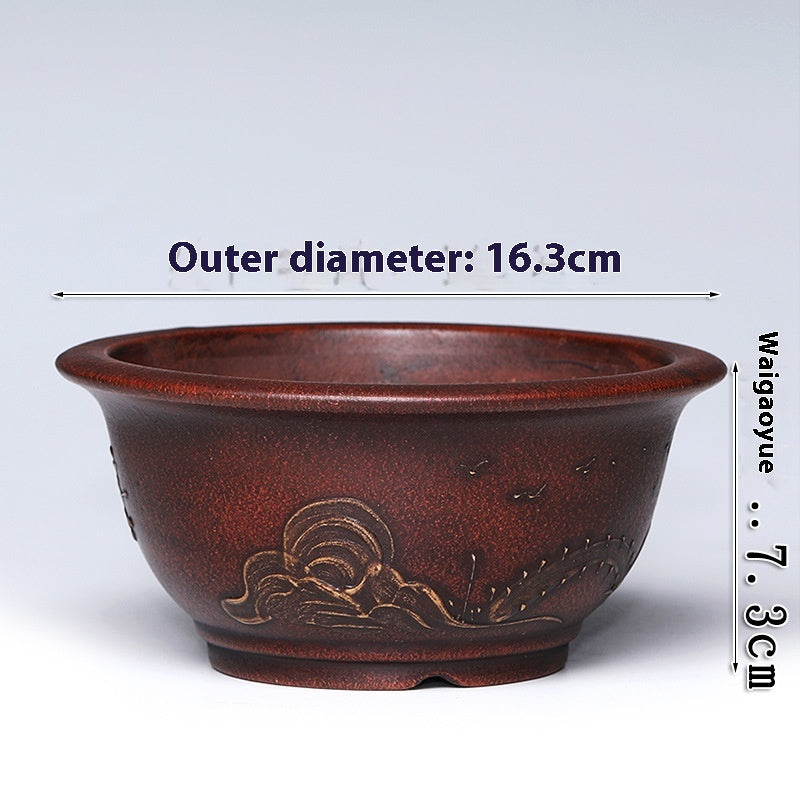 Purple Clay Flowerpot with Chinese Style Design Small Round & Square Options