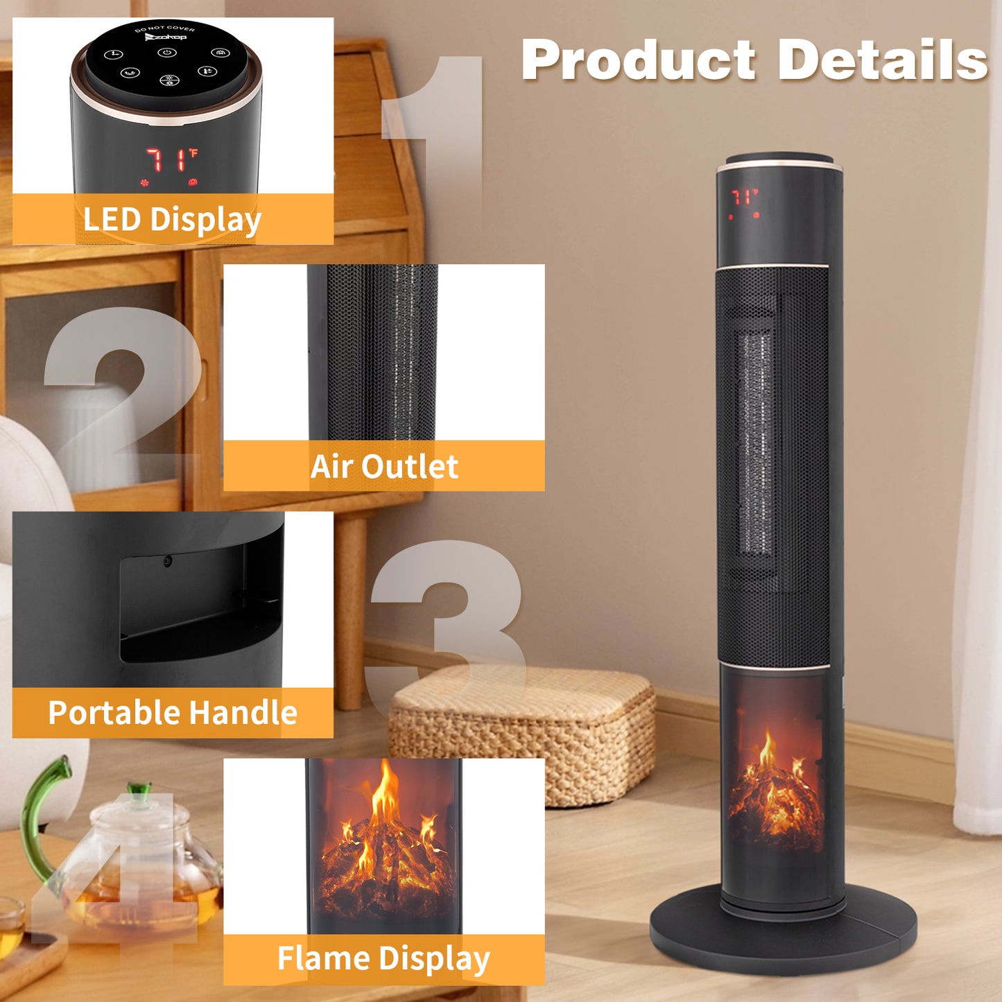 32inch Tower Space Heater with 3D Flame Effect, 1500W Portable Electric Heater with Thermostat, Oscillation, Timer & Remote