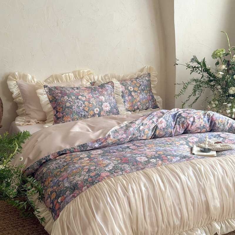 French Style Satin Floral Bedding Set with Lace Trim - Multiple Sizes & Patterns