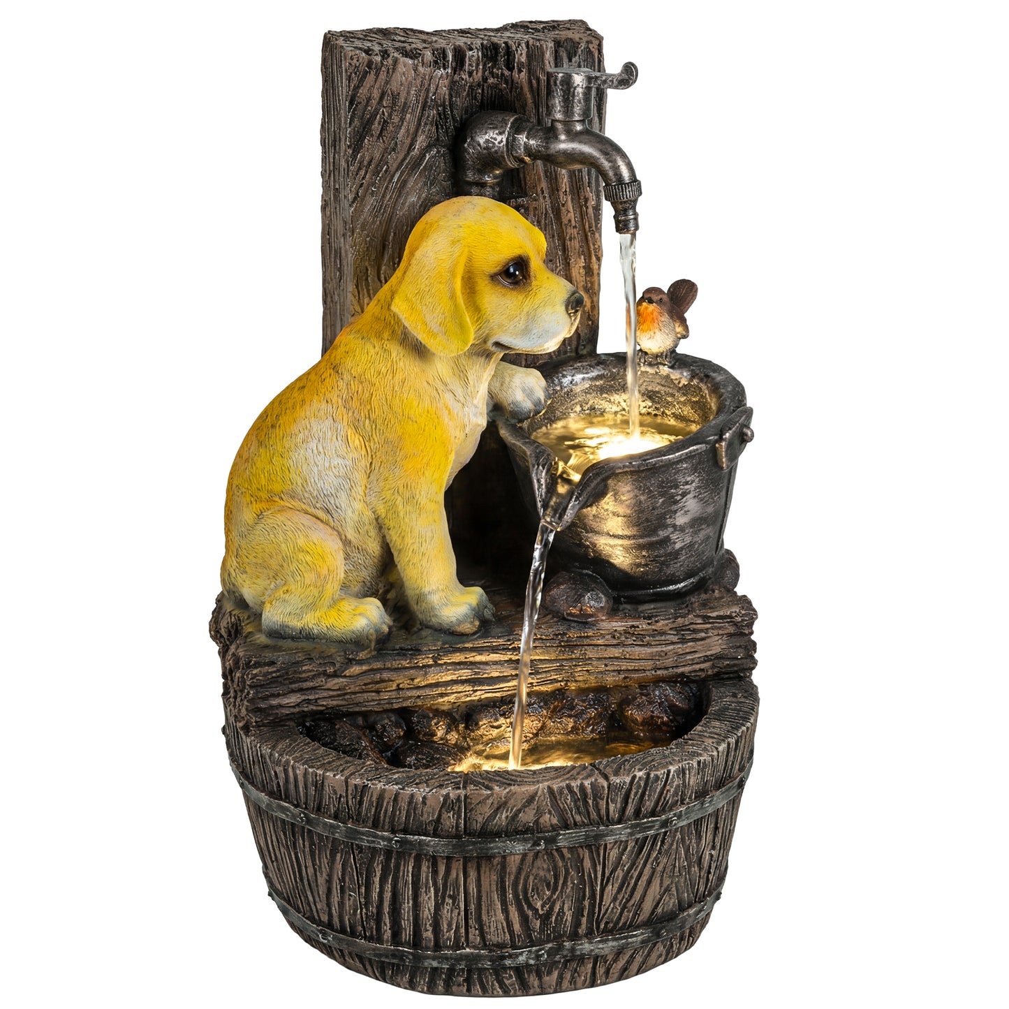 22-Inch Outdoor Fountain with Puppy Theme, Resin Garden Water Feature with LED Lights