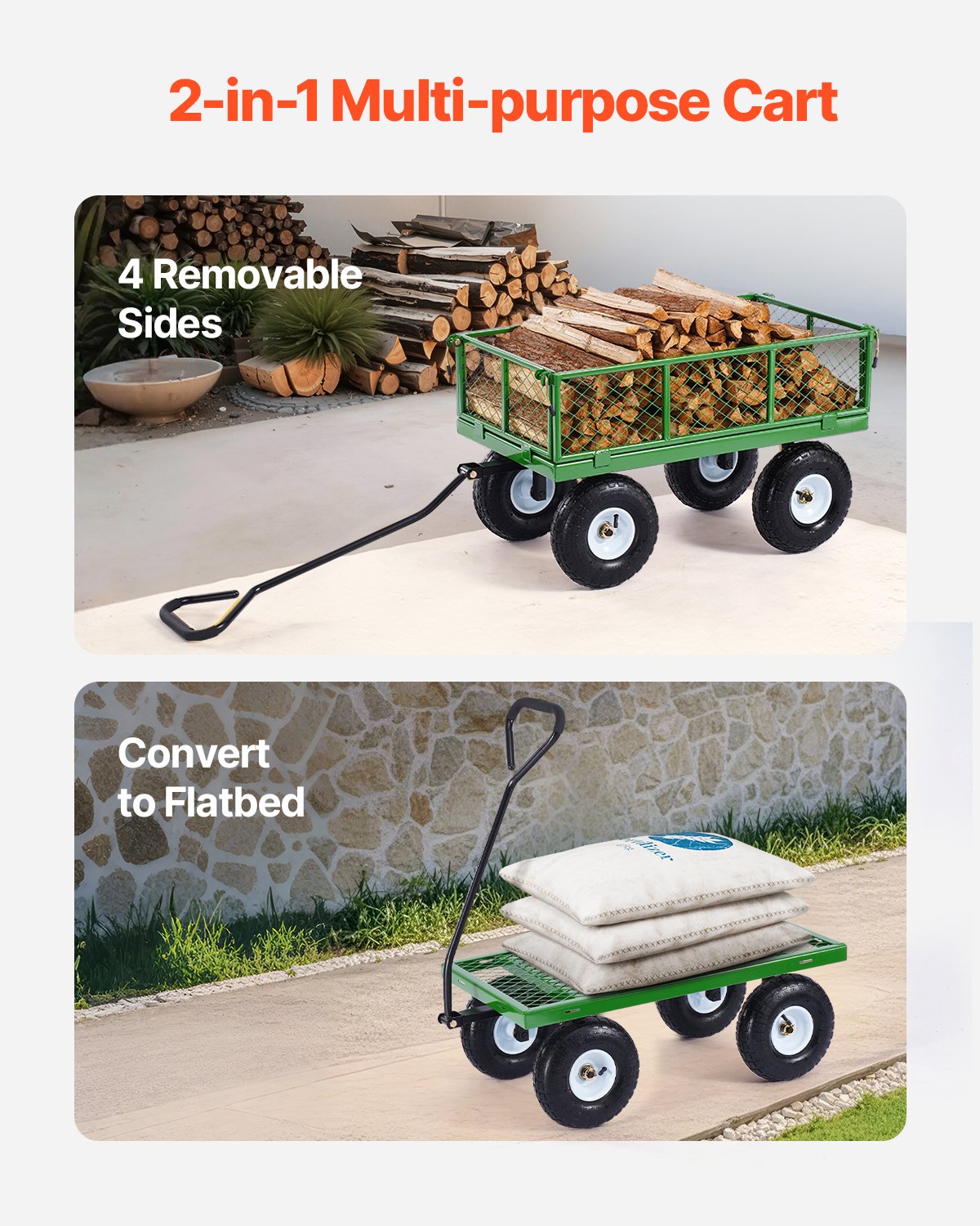 Heavy Duty Steel Garden Cart on Wheels - 900 Lb Capacity with Removable Mesh Sides and 10' Tires