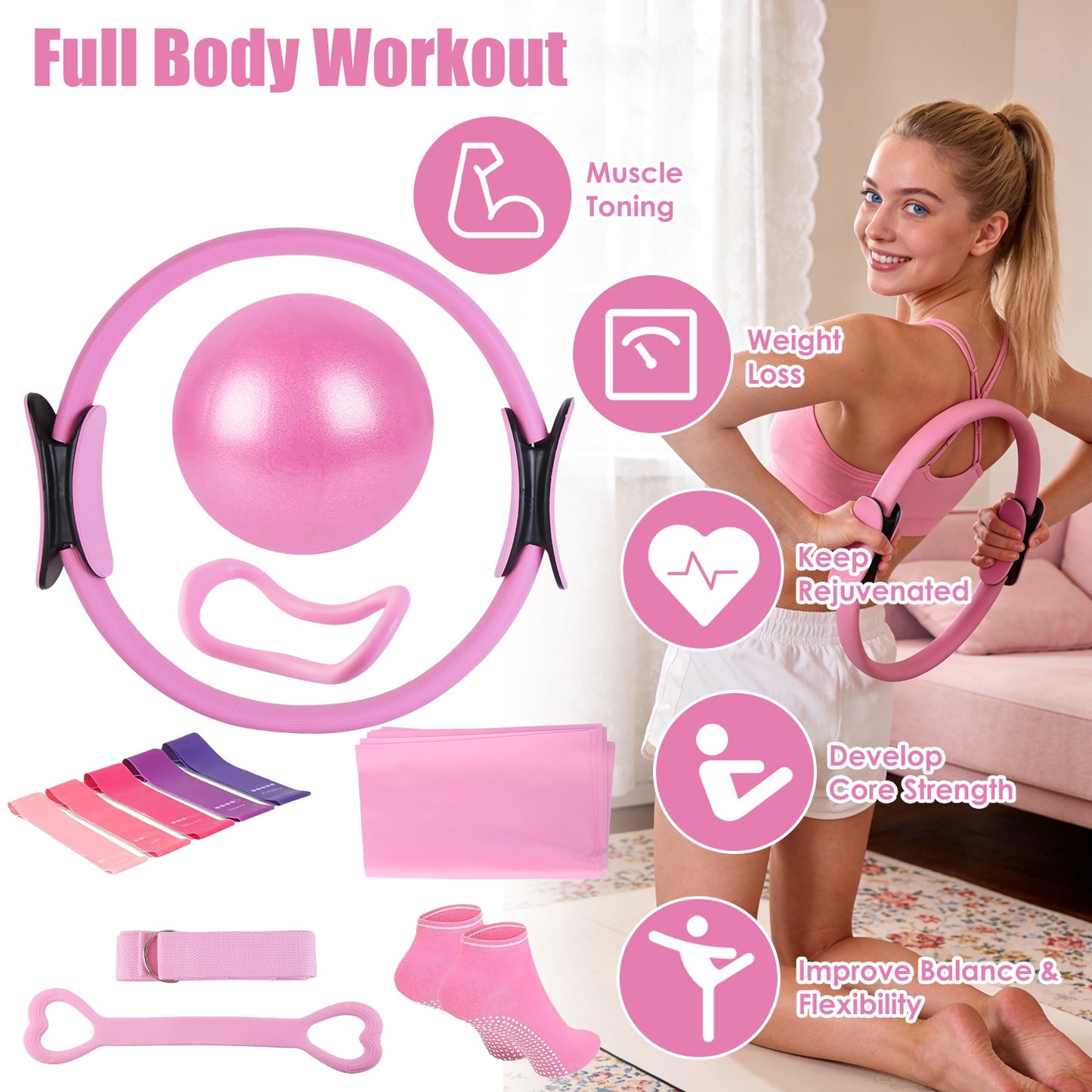 14-Piece Pilates Ring Kit with Resistance Bands & Yoga Ball