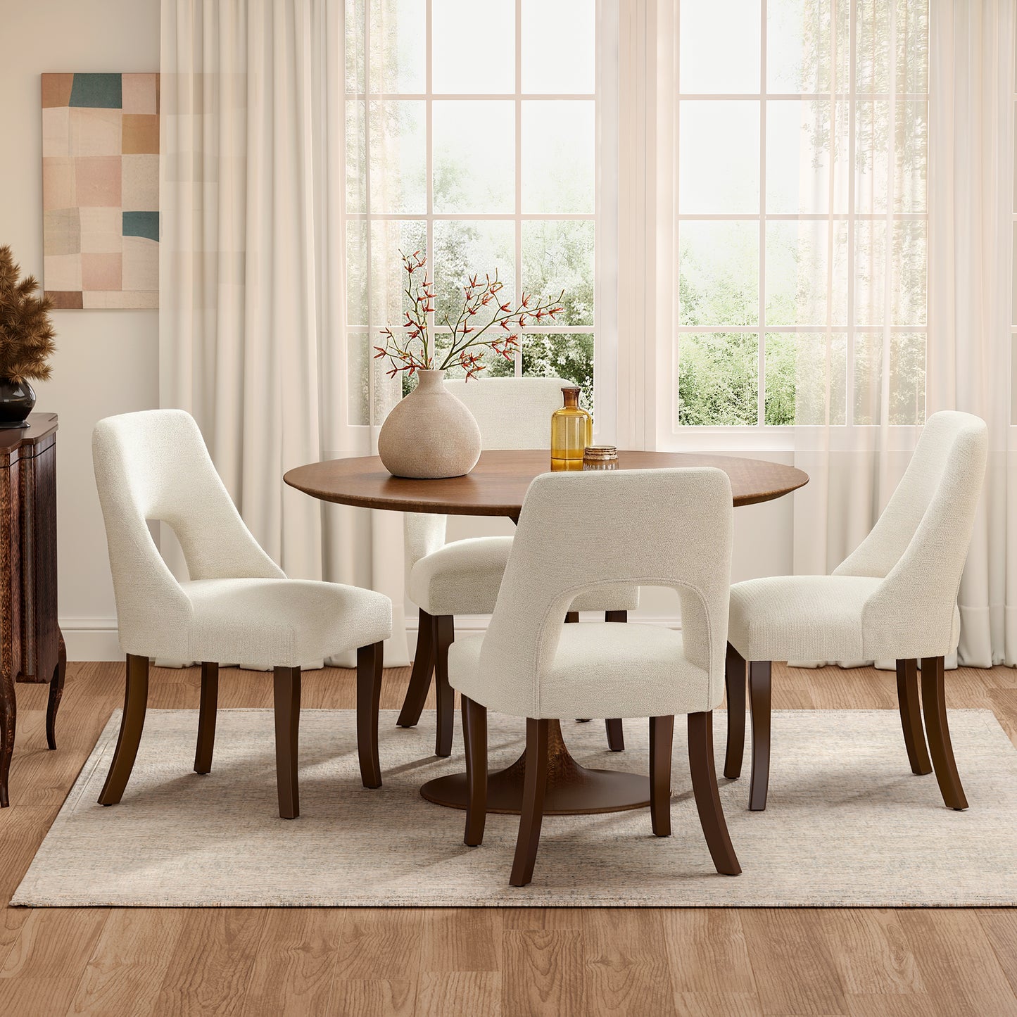Upholstered Dining Chair Set of 2 - Beige Chenille & Wood Legs