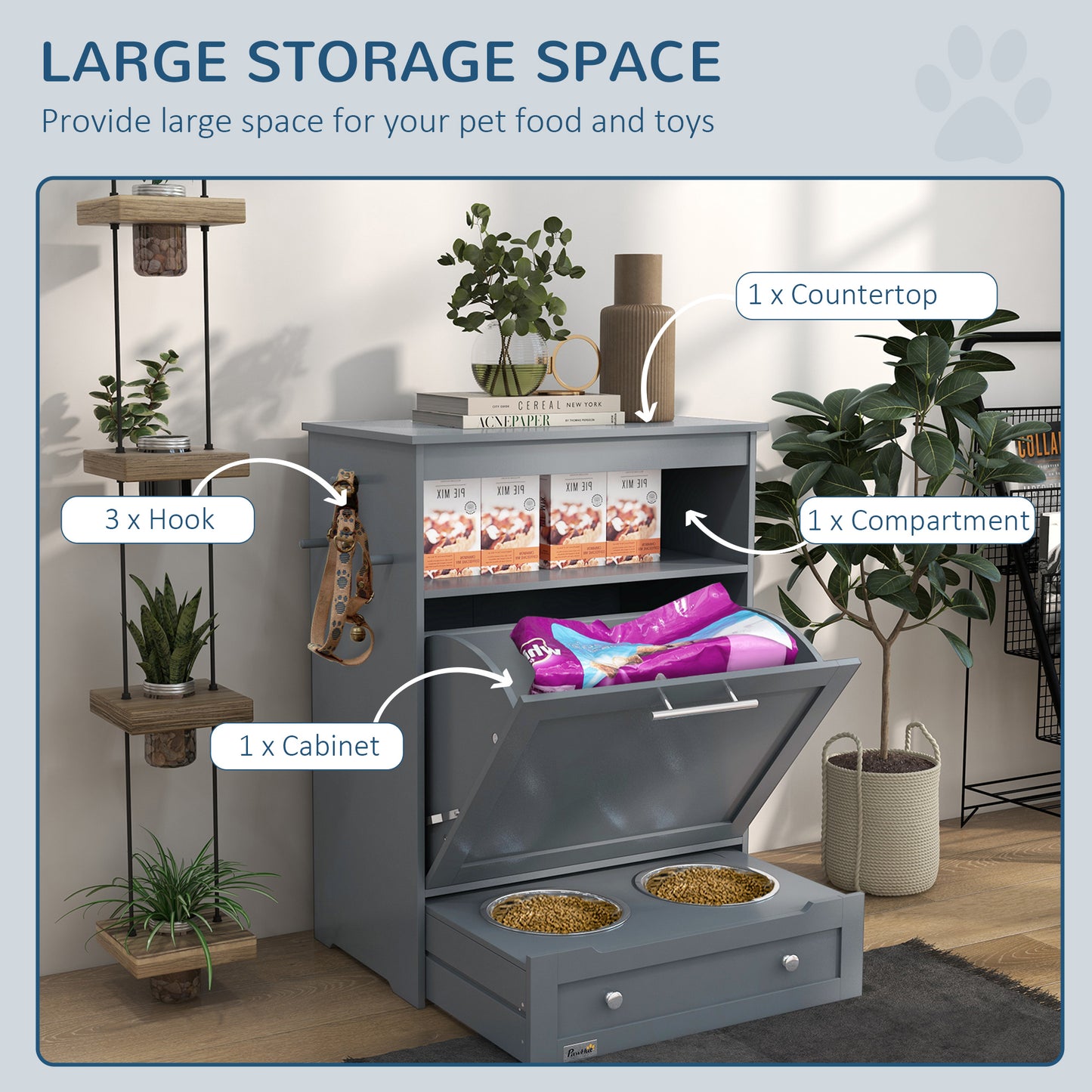 Dog Food Storage Container with Locking Locker and Raised Bowl - Grey Pet Feeding Station