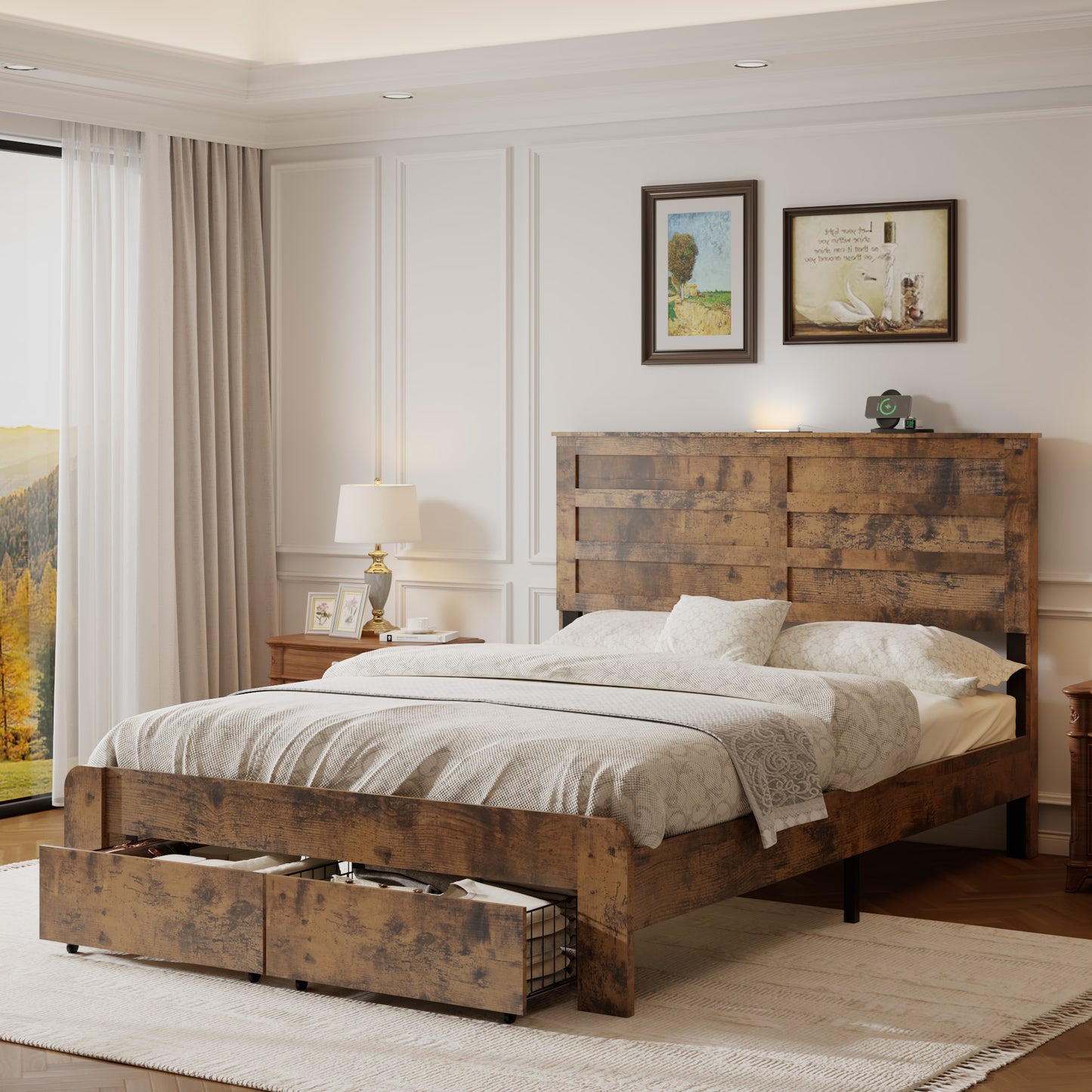 Full Rustic Platform Bed Frame with LED Headboard & Storage