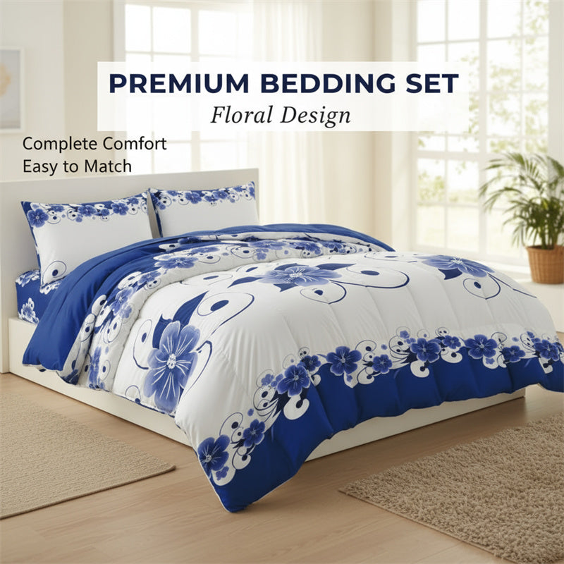 Blue & White Floral Duvet Cover Set - Heavyweight Microfiber