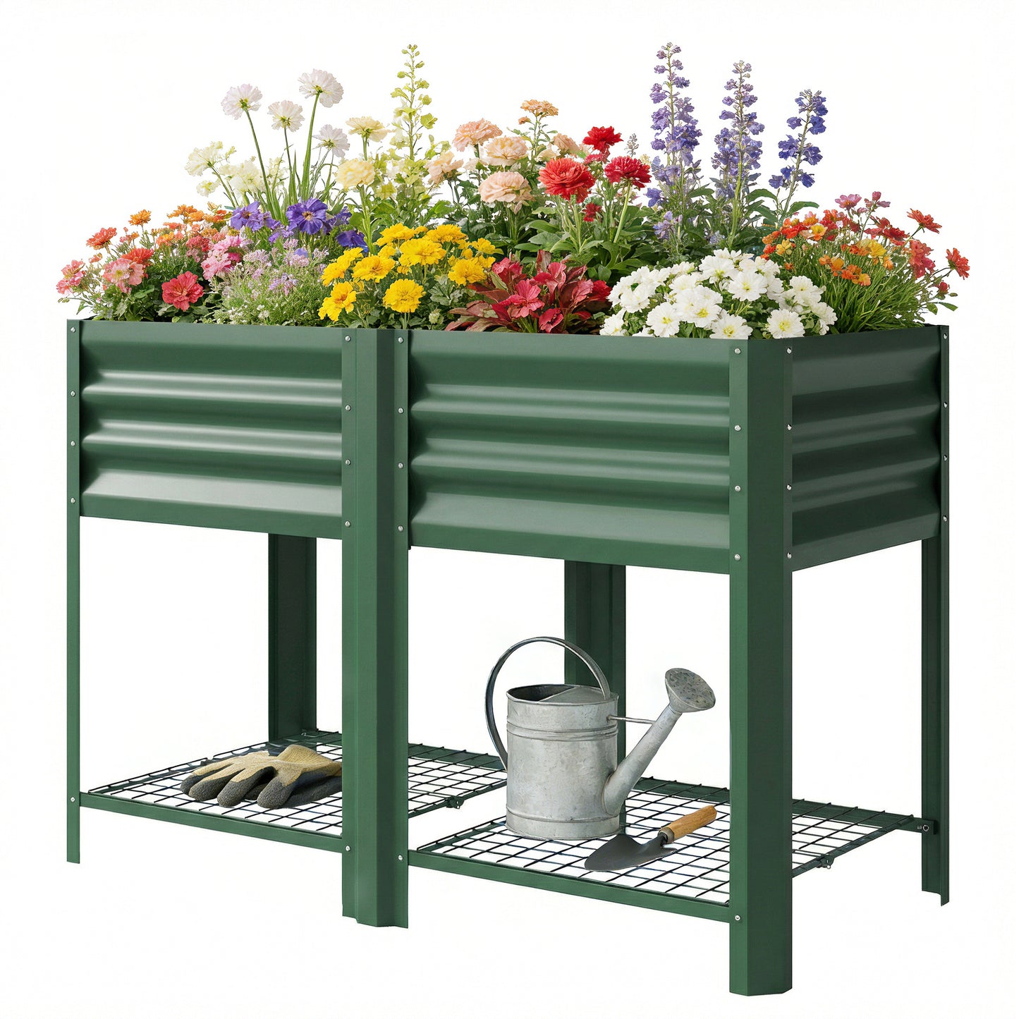 Raised Garden Bed with Storage Shelf - Galvanized Steel, 31.5 Inch Green