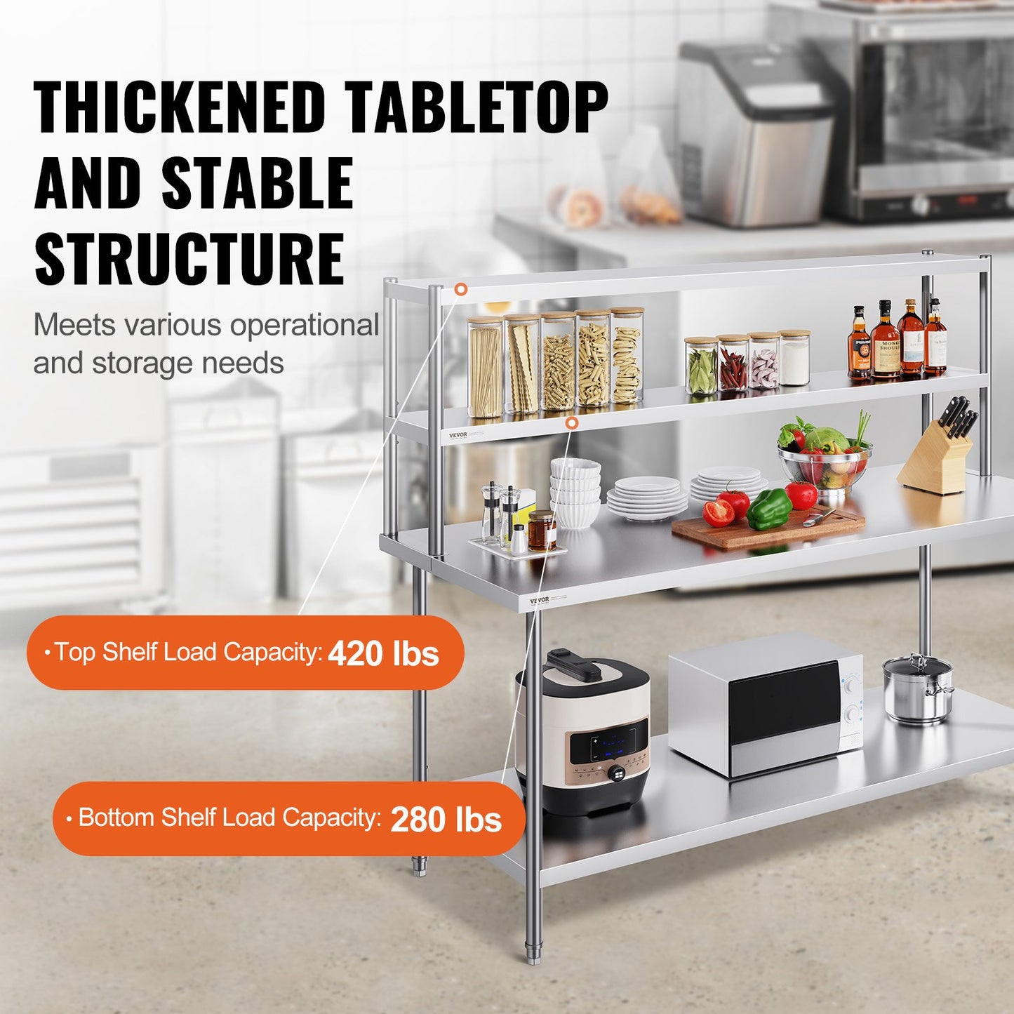 Double Tier Stainless Steel Overshelf - 12 x 72 Inch, Adjustable Height