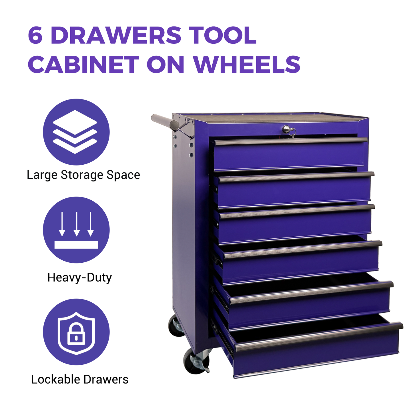 Rolling Metal Tool Chest with 6 Drawers - 20" Steel Storage - Purple
