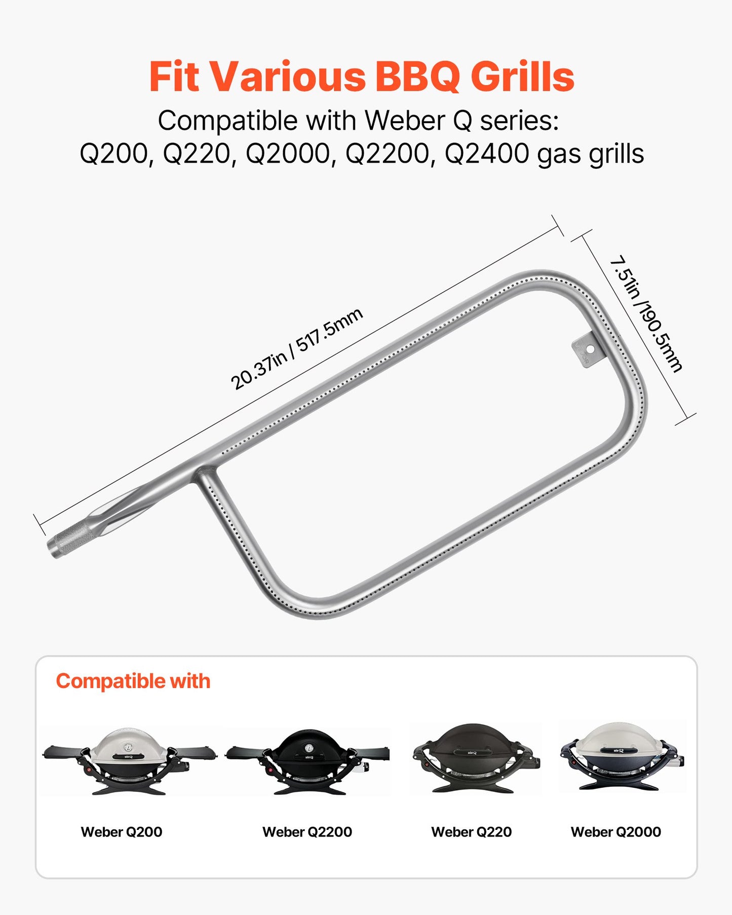 Stainless Steel Burner Tube for Weber Q200 Q220 Q2000 Q2200 Grills