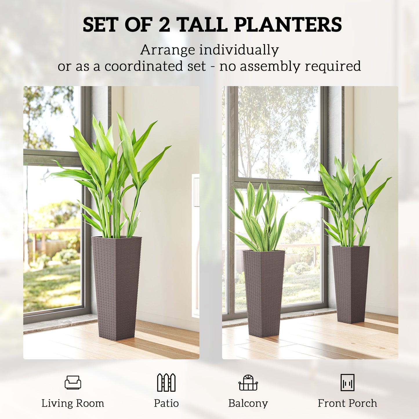 Set of 2 23.6 Inch Outdoor Plant Pots with Drainage Holes, Brown
