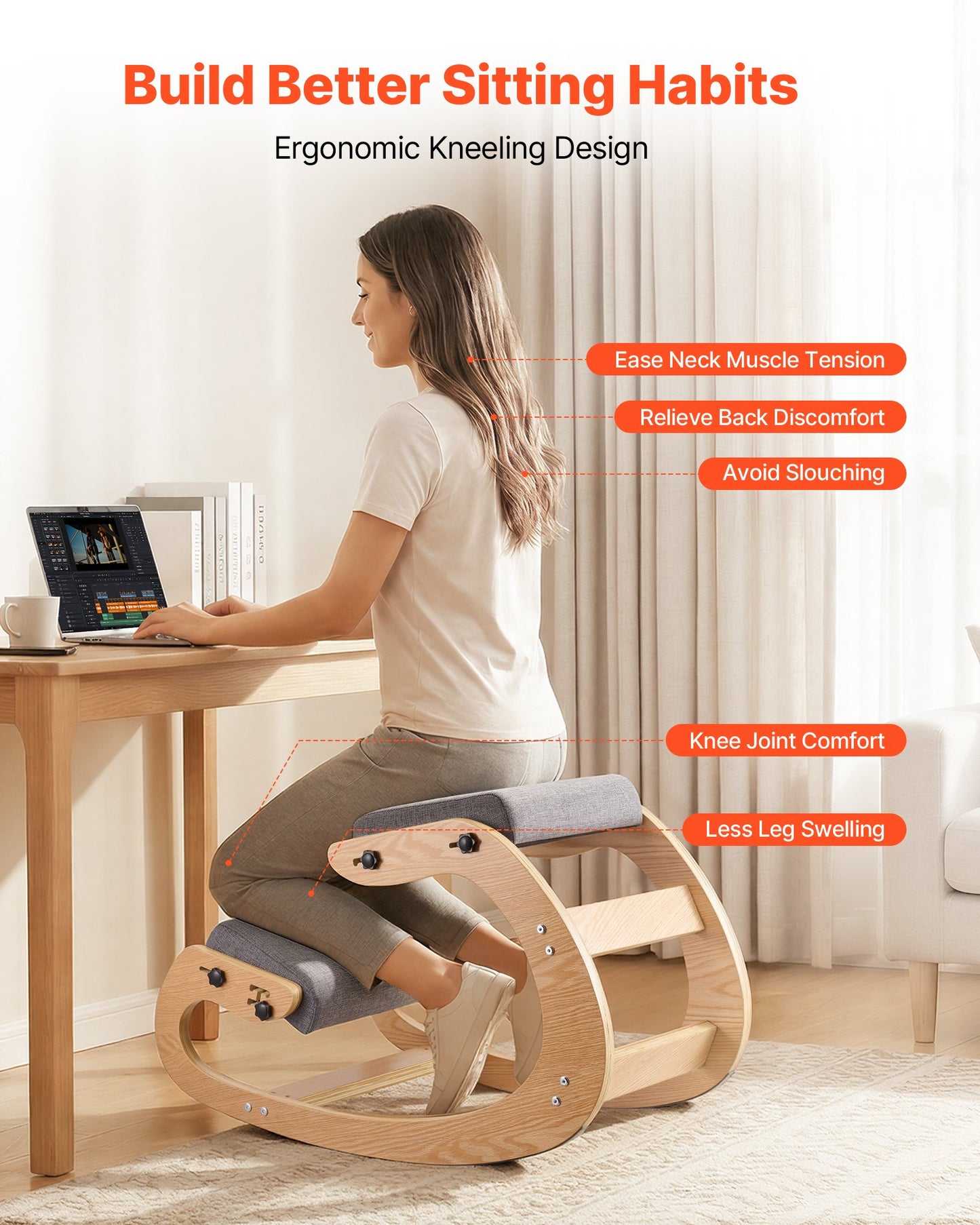 Ergonomic Kneeling Chair with Wooden Frame and Adjustable Foam Cushions - Gray