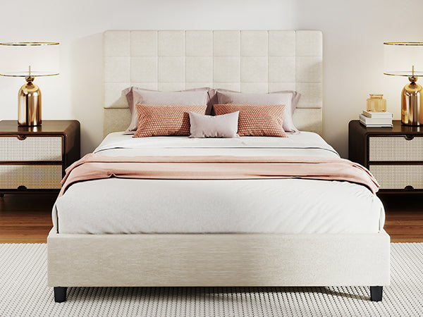 Bed Frame Upholstered Vertical Channel Headboard With 4 Storage