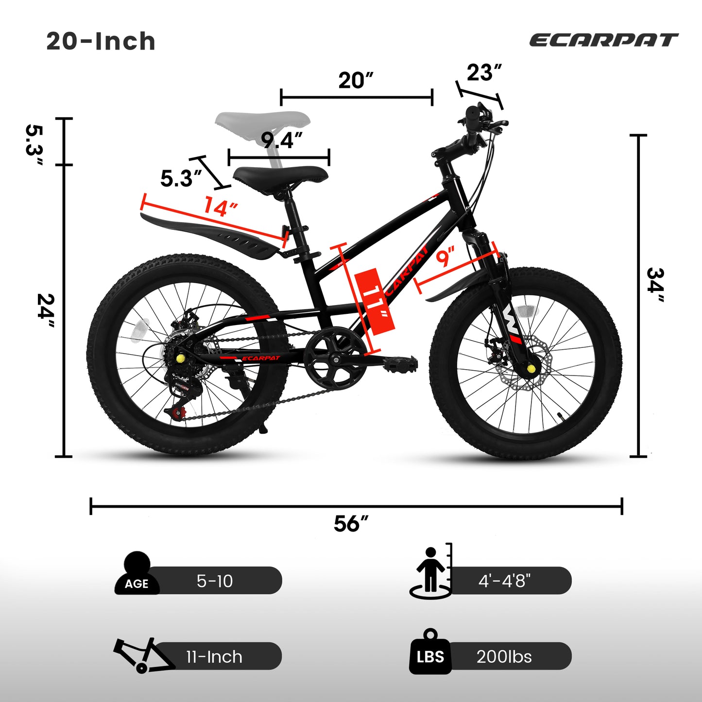 20-Inch Mountain Kids Bike for Boys & Girls, 7-Speed, Black