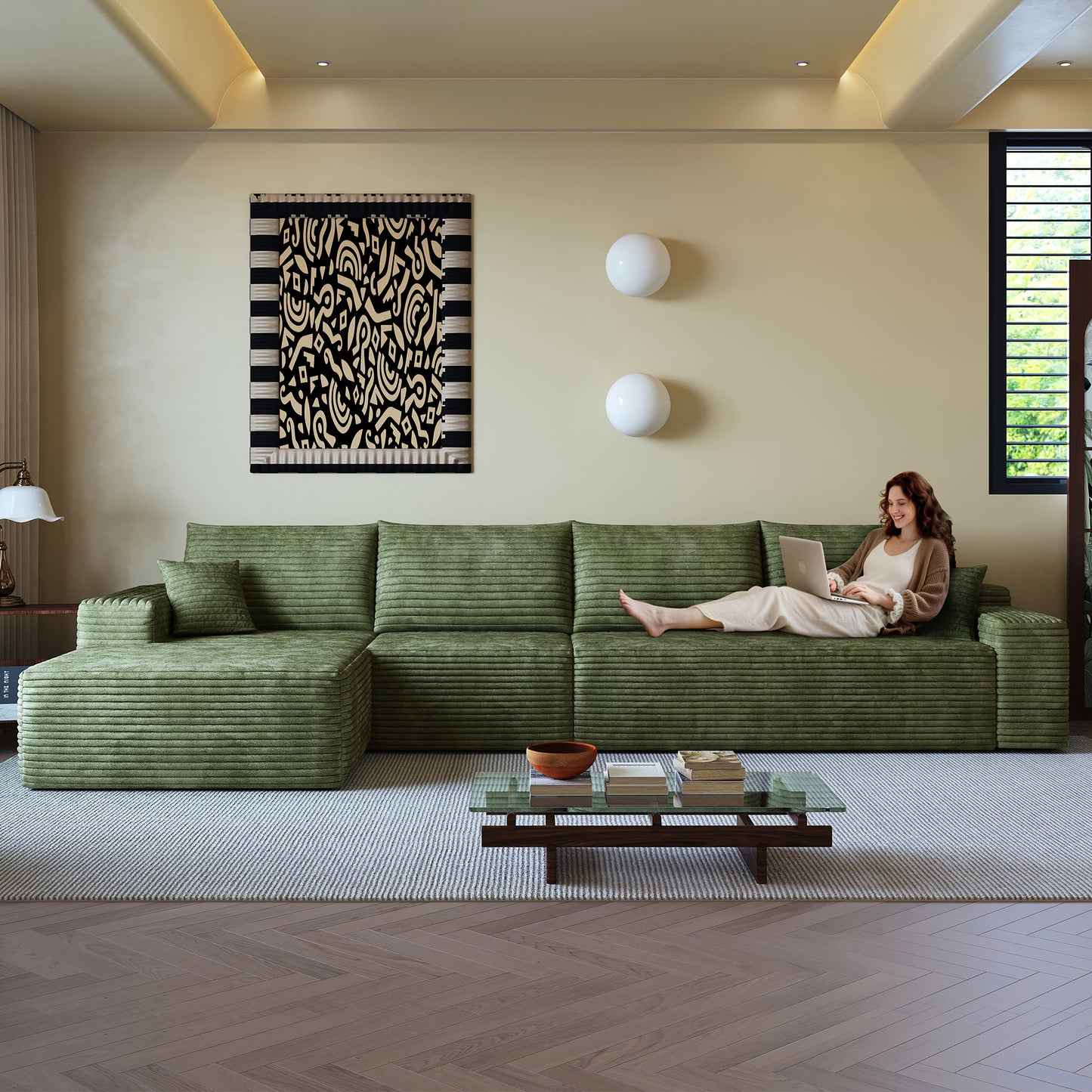 135" Cloud Sectional Couch with L-Shape Chaise - Green Plush Fabric