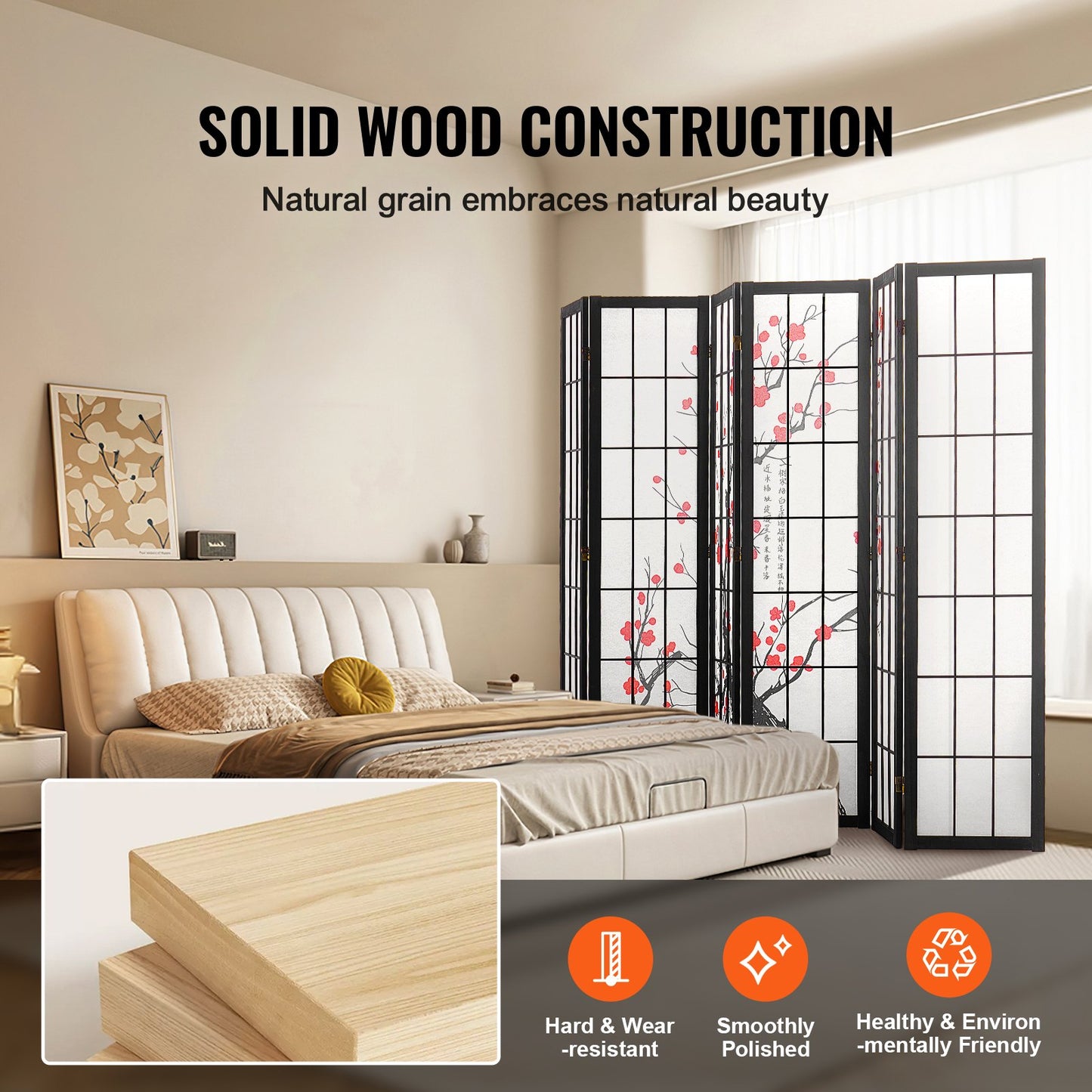 Wood Folding Japanese Room Divider - 6 Panel Privacy Screen
