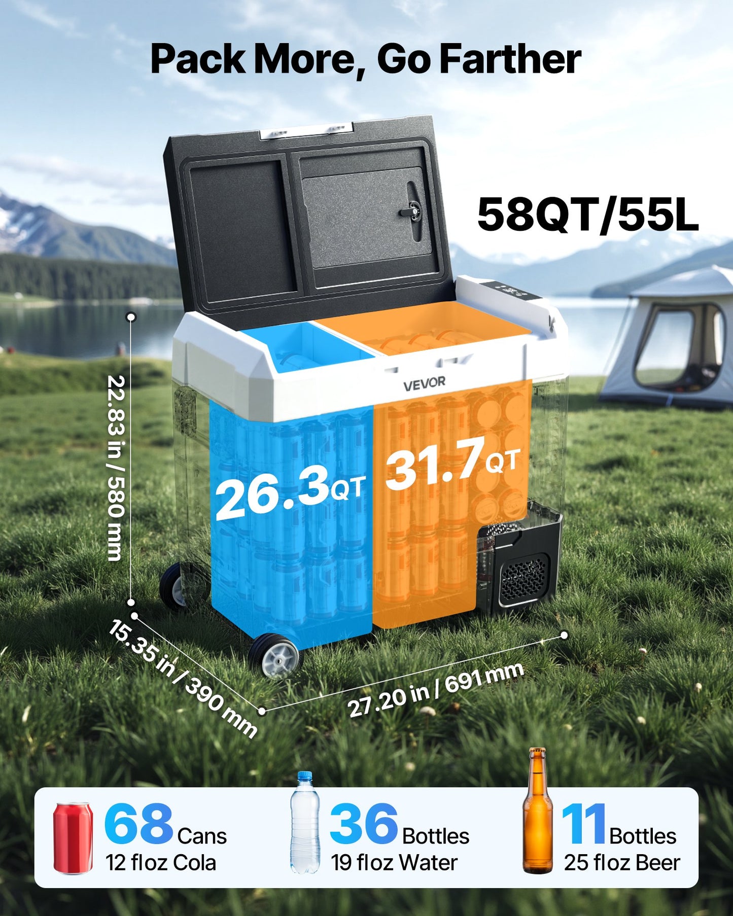 Electric Car Refrigerator Cooler 58QT Dual Zone Portable with APP Control