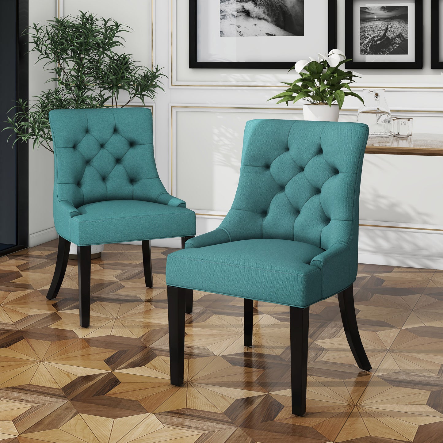 Cheney Dining Chair Set of 2 - Teal Upholstered with Wood Legs