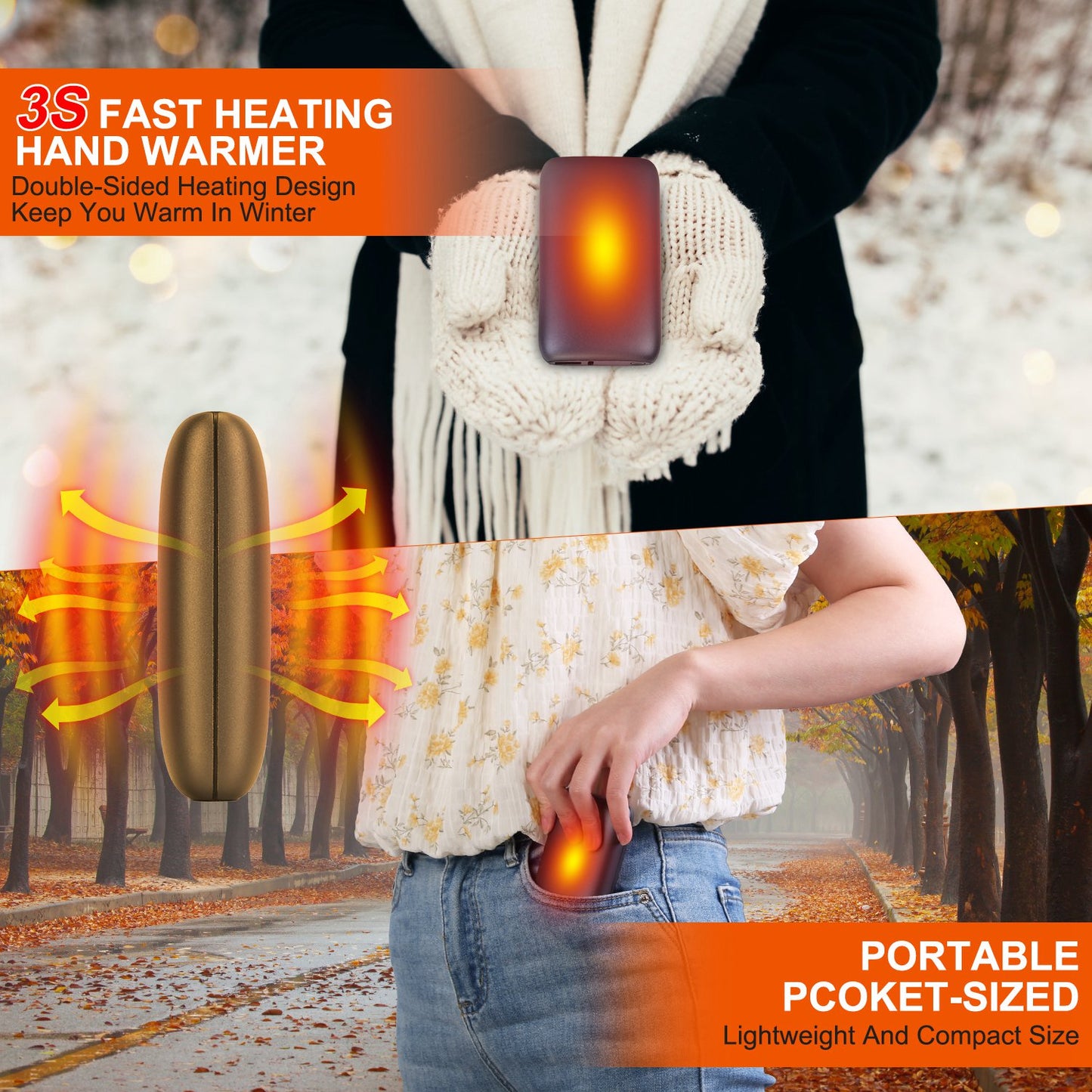 Rechargeable Electric Hand Warmer with 3 Temperature Levels - Grey