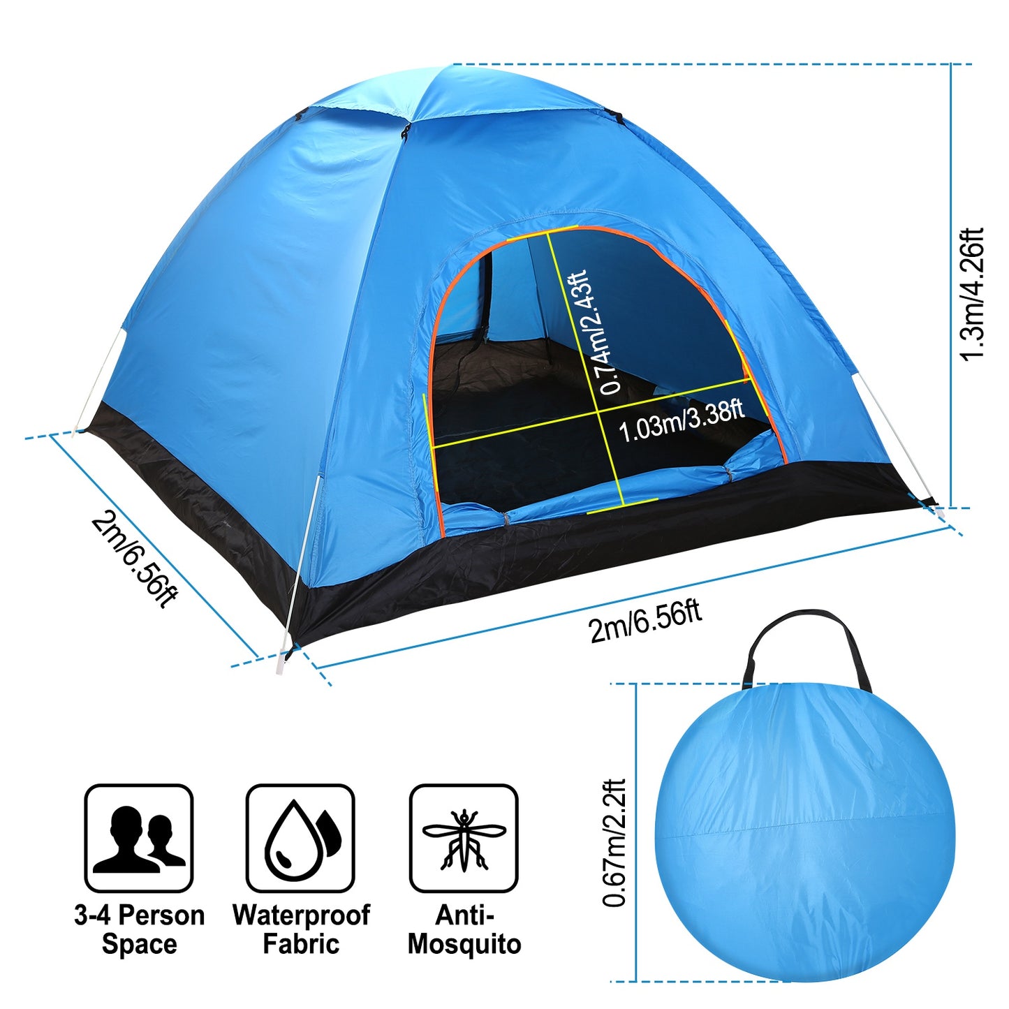 4-Person Waterproof Camping Tent with Mosquito Net - Blue