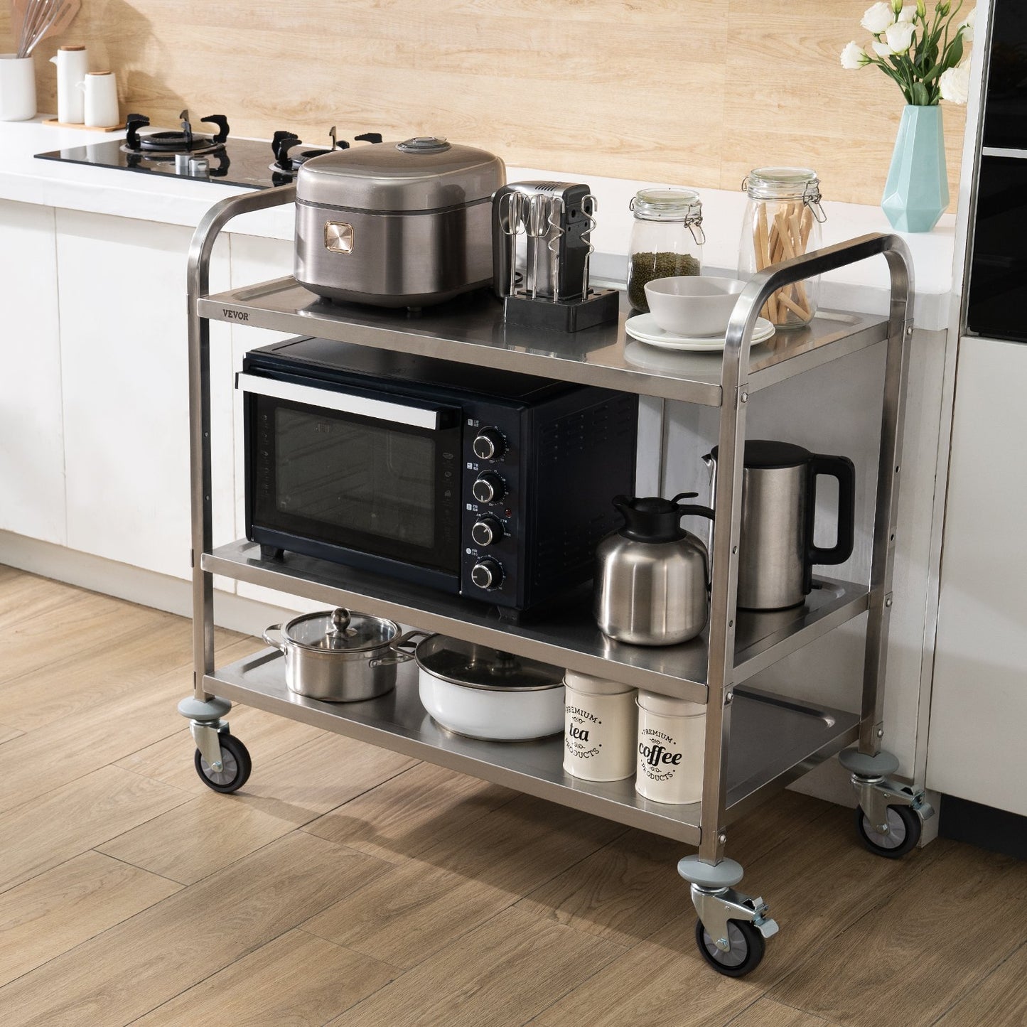 3-Tier Utility Cart with 450 lbs Capacity - Steel Rolling Storage Cart