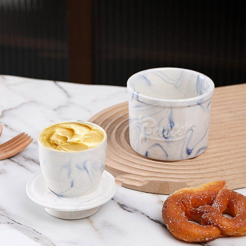 Ceramic Butter Dish with Marble Patterned Relief, Modern Kitchen Storage