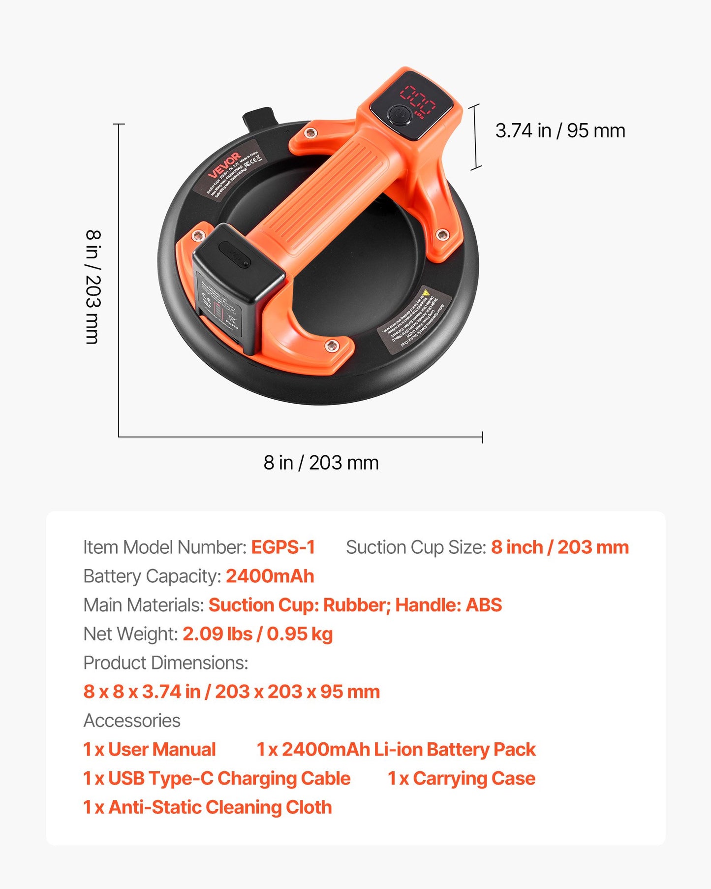 8-Inch Electric Vacuum Glass Lifter with Digital Display for Tile & Stone Lifting