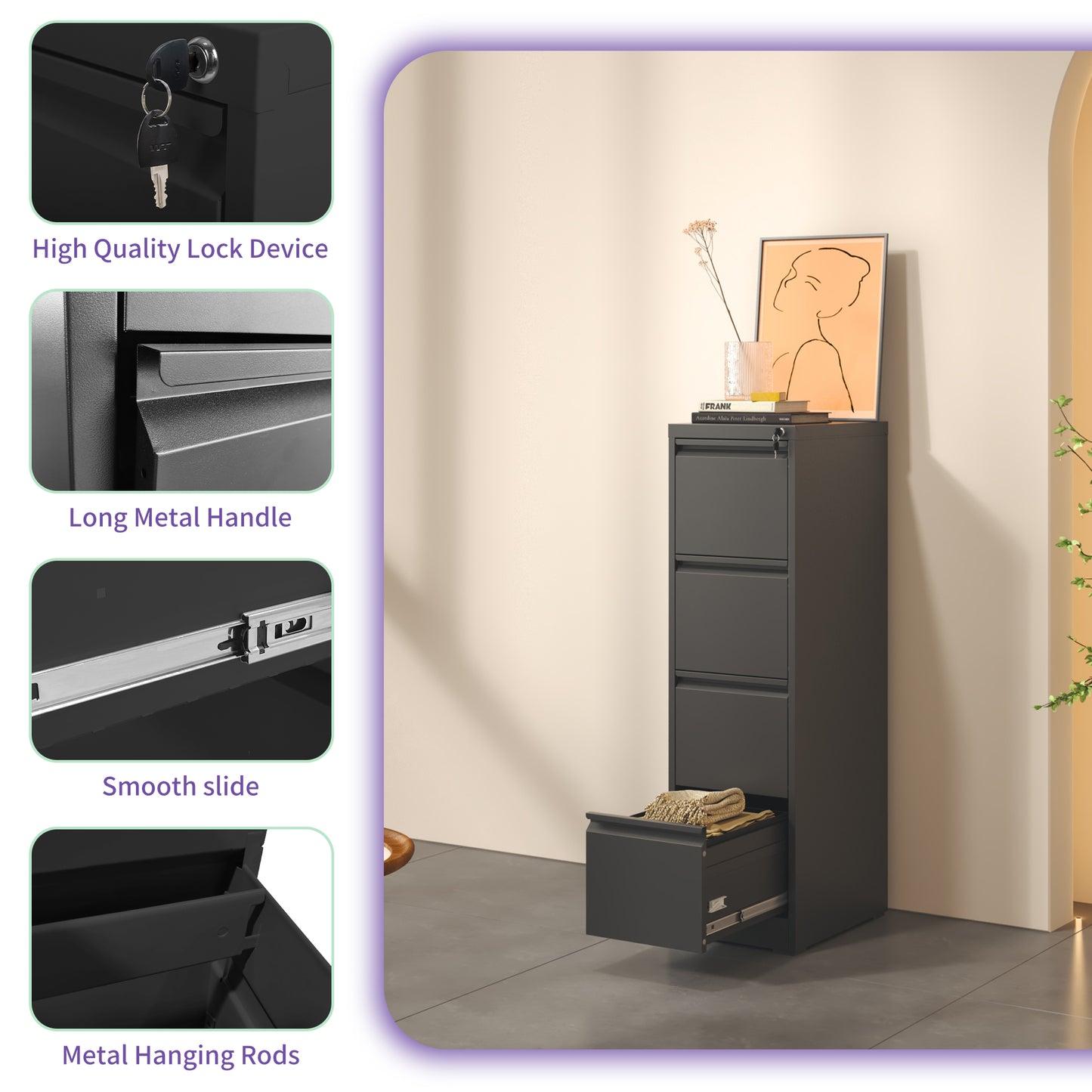 4 Drawer Metal Vertical File Cabinet With Lock Office Home Steel For