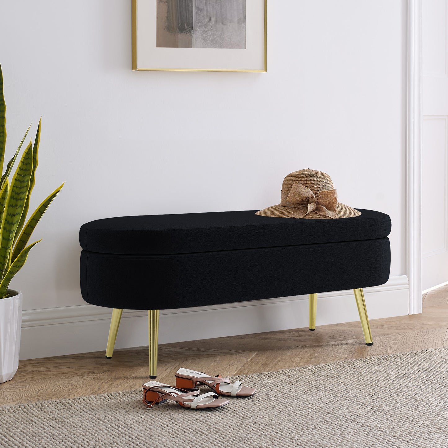 Ottoman Storage Bench - Black Flannel with Metal Legs