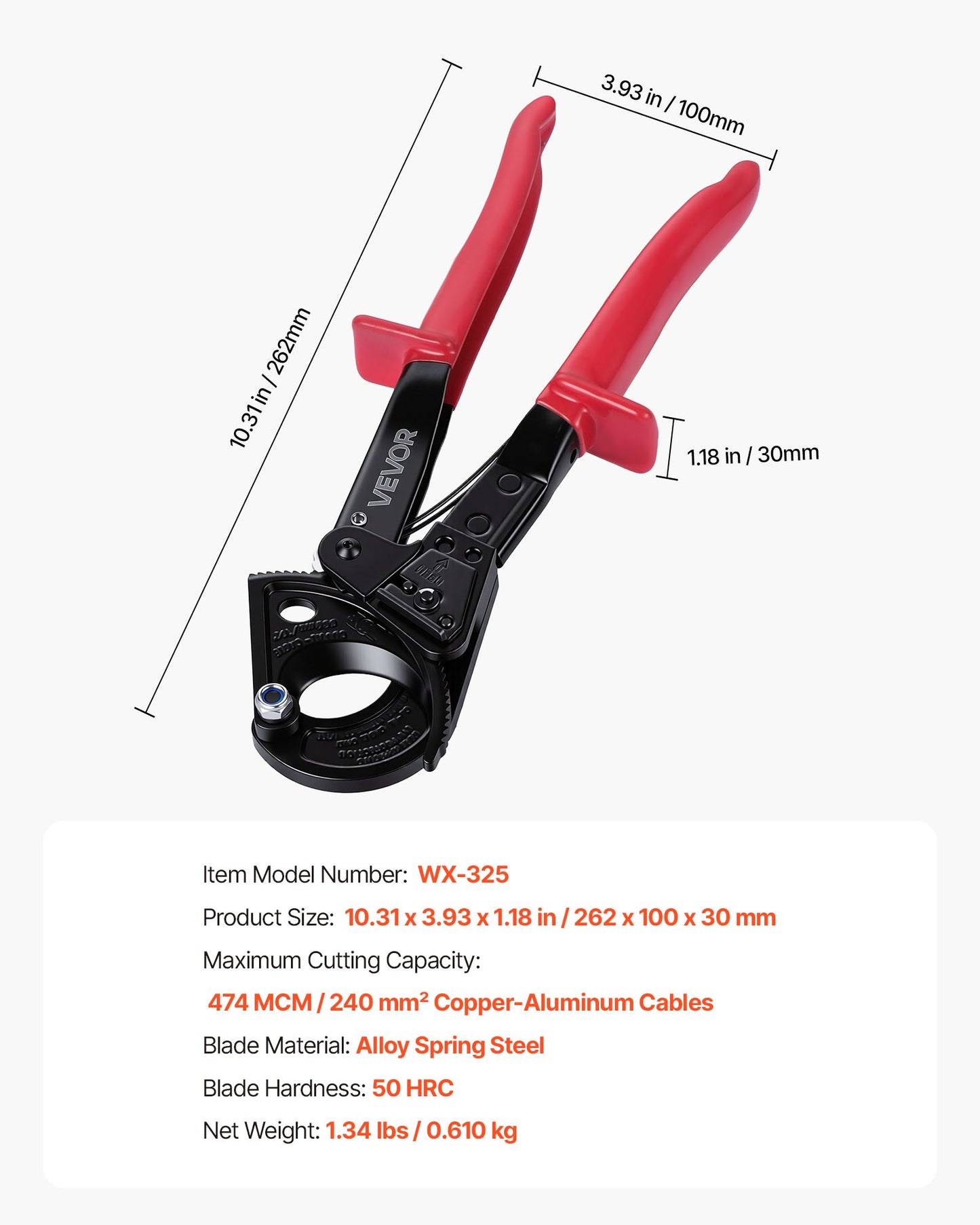 Heavy Duty Ratchet Cable Cutter for Copper & Aluminum Wires up to 240mm²