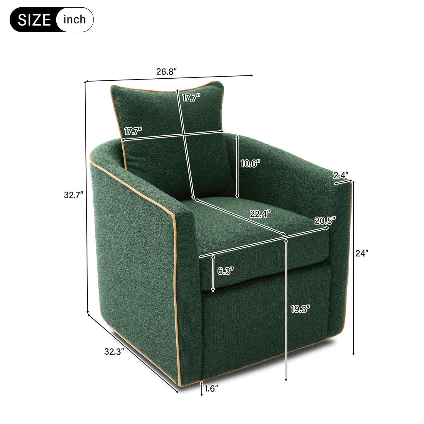 Swivel Accent Chair - Upholstered Barrel Sofa for Living Room - Green